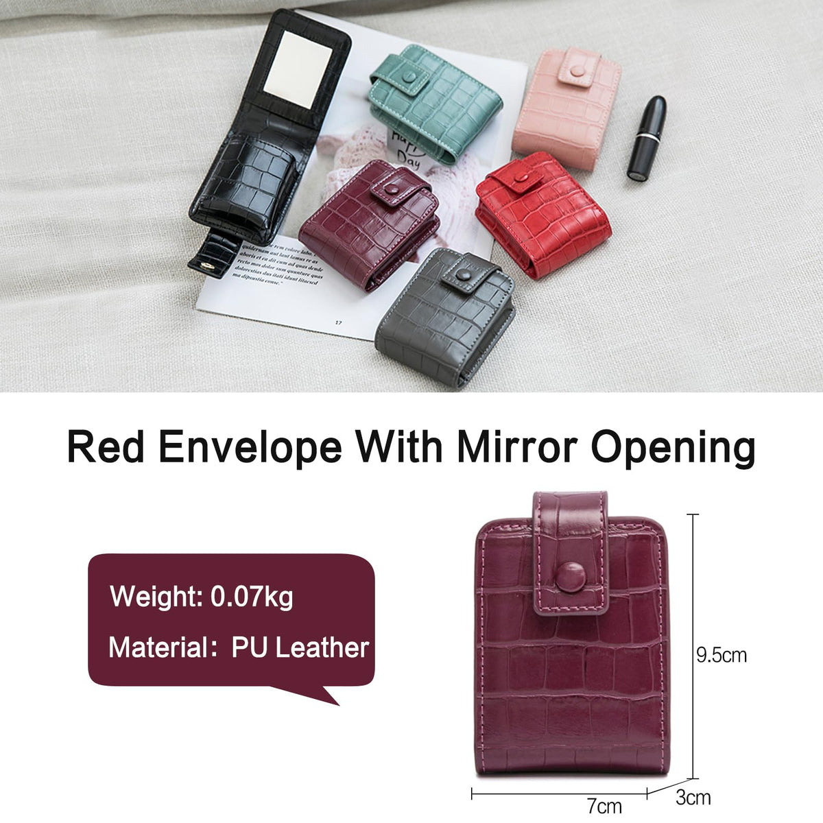 PORRASSO Estuche para Lápiz Labial con Espejo Estuche para Pintalabios Mini Bolsa de Maquillaje Portátil Almacenamiento PU Bolsa de Cosméticos Rojo Vino