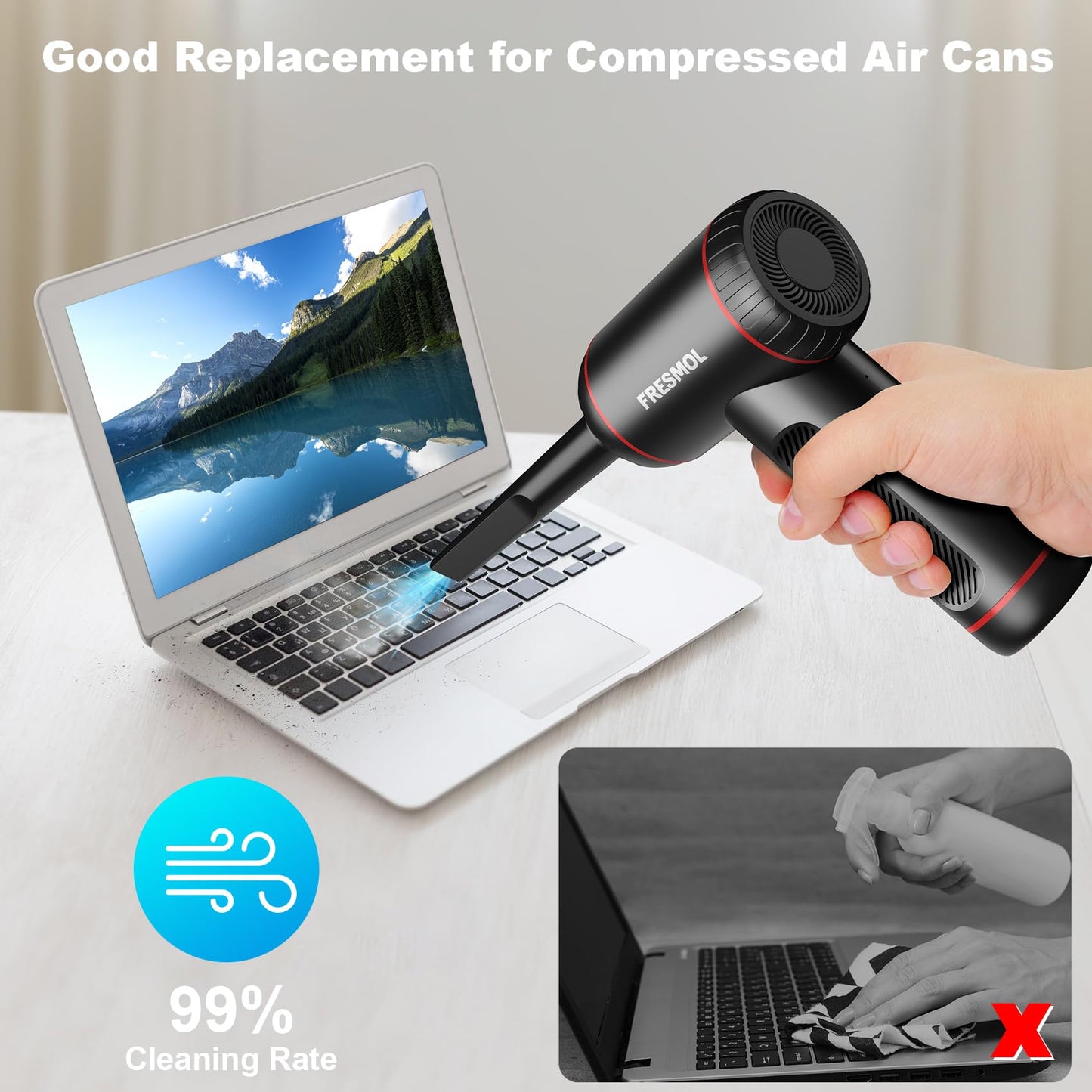 Plumero de aire comprimido, plumero de aire eléctrico ajustable de 3 engranajes de 100000 rpm, soplador de aire inalámbrico recargable con luz LED para teclado de computadora, limpieza de dispositivos