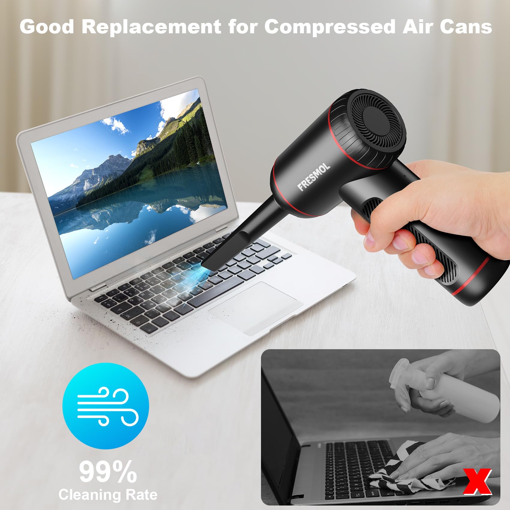 Plumero de aire comprimido, plumero de aire eléctrico ajustable de 3 engranajes de 100000 rpm, soplador de aire inalámbrico recargable con luz LED para teclado de computadora, limpieza de dispositivos