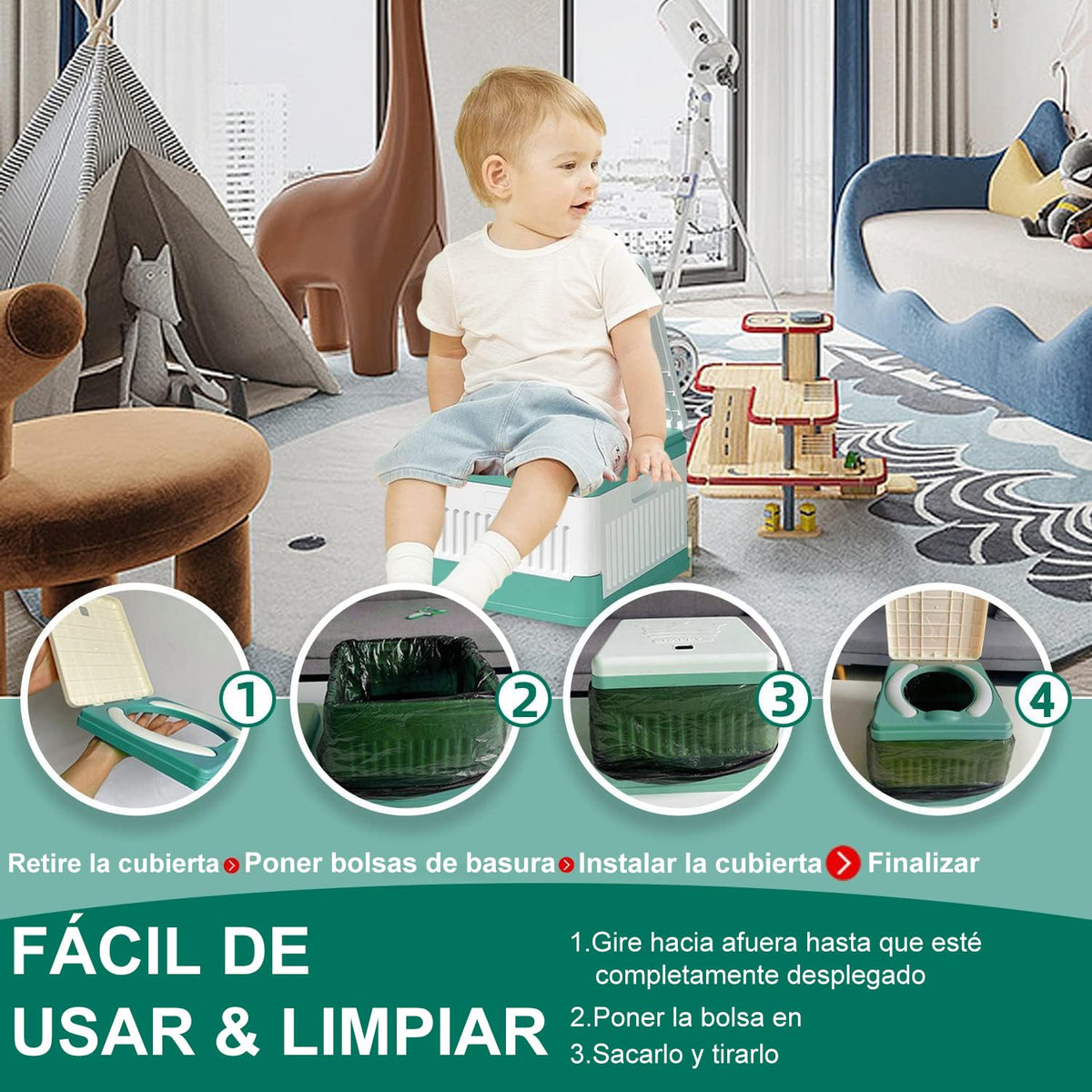Orinal De Viaje Portátil Para Niños,Orinal plegable para niños,Asiento Entrenador Baño para Niños con 3 rollos de bolsa de limpieza de viaje,Adecuado para viajes,Coche,Camping,Parque (verde)
