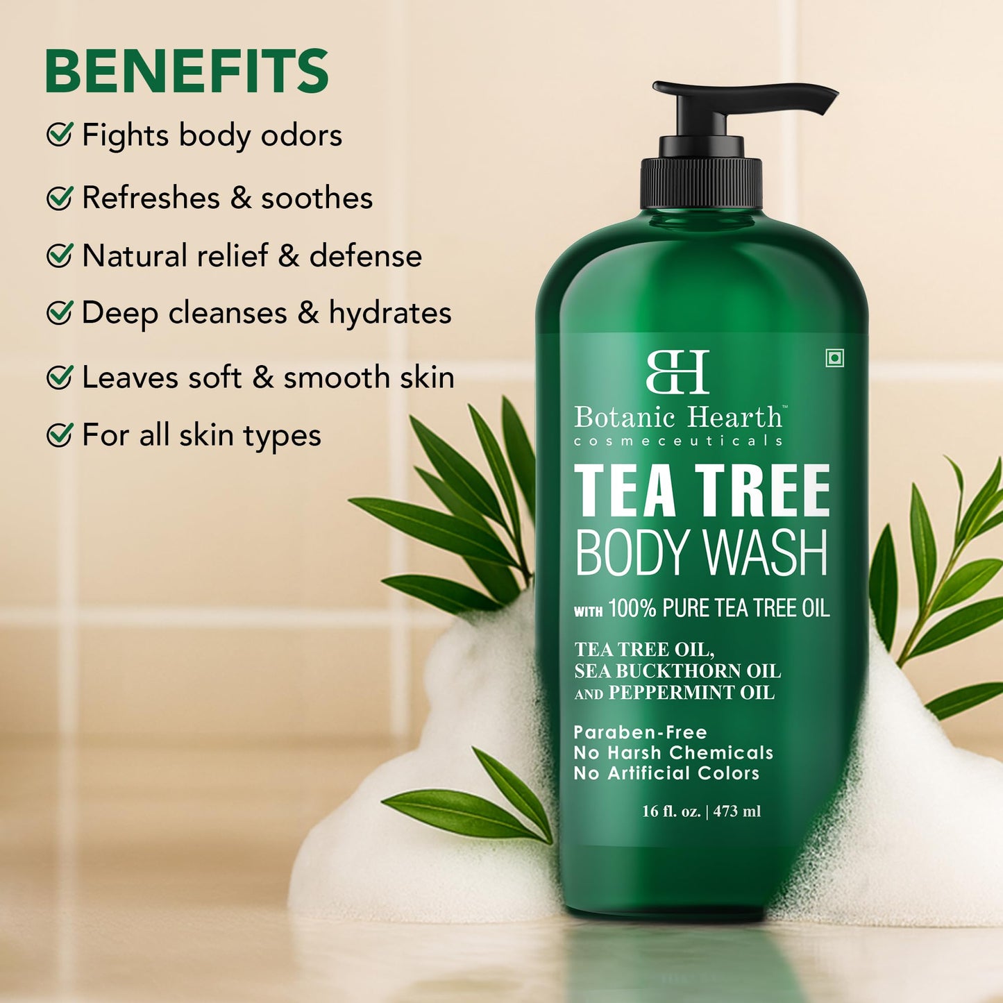 BOTANIC HEARTH Tea Tree Body Wash, ayuda a los hongos de las unas, los atletas de los pies, los gusanos de anillo, el picor del caldo, el acne, el eczema y el olor corporal, alivia el picor y promueve la piel y los pies saludables, naturalmente perfumados