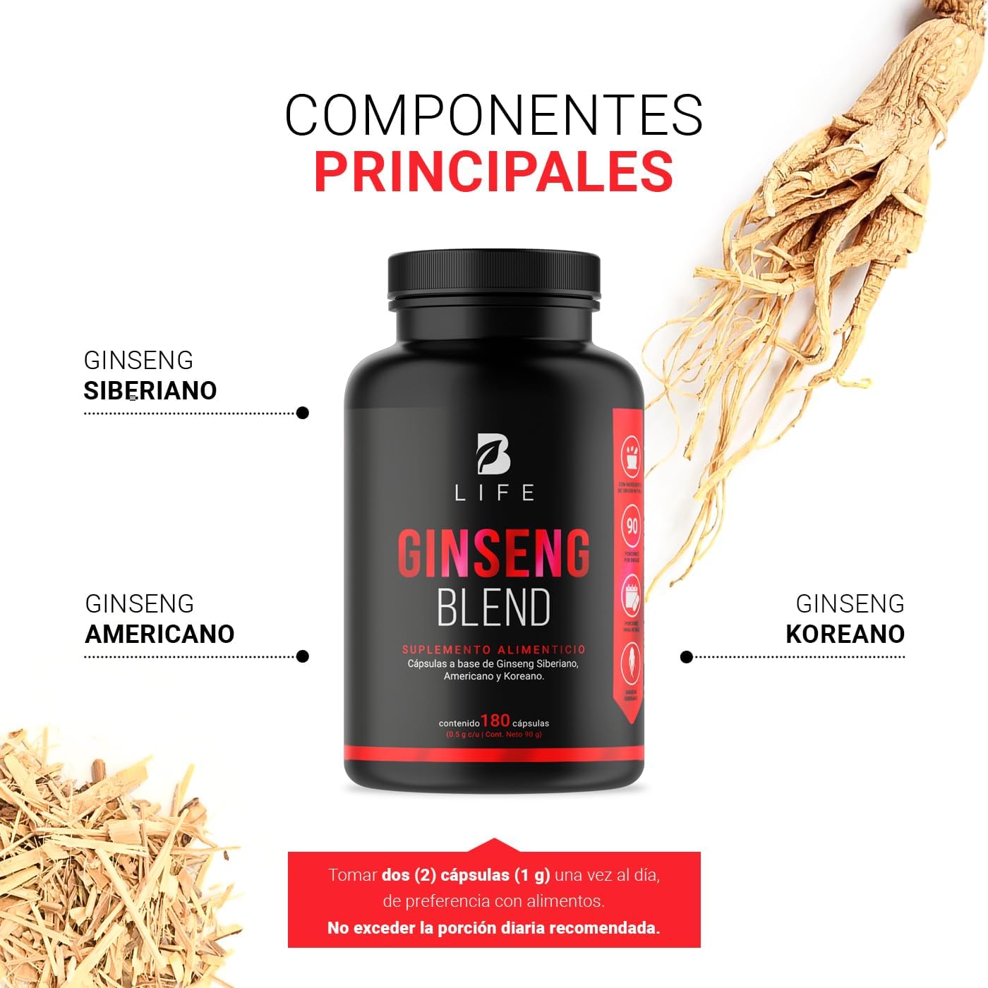 Ginseng: Siberiano, Americano y Koreano de 180 Cápsulas de 1000 mg por porción. Ingredientes naturales. Ginseng Blend B Life.