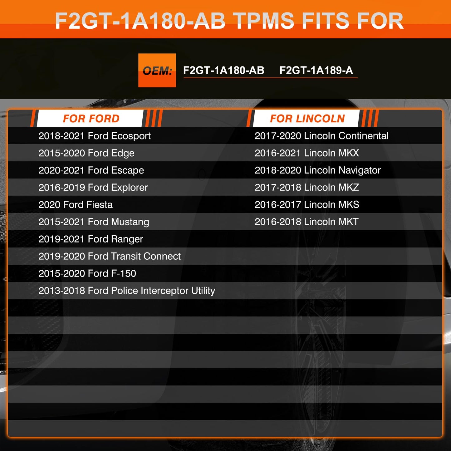 ISINFLASH Sensor TPMS, sensor de presión de neumáticos de 315 MHz, apto para Ford F150 Ecosport, Mustang Escape Explorer Fiesta Ranger para Lincoln MKX MKZ MKS MKT F2GT1A180AB F2GT1A150AB 4 piezas