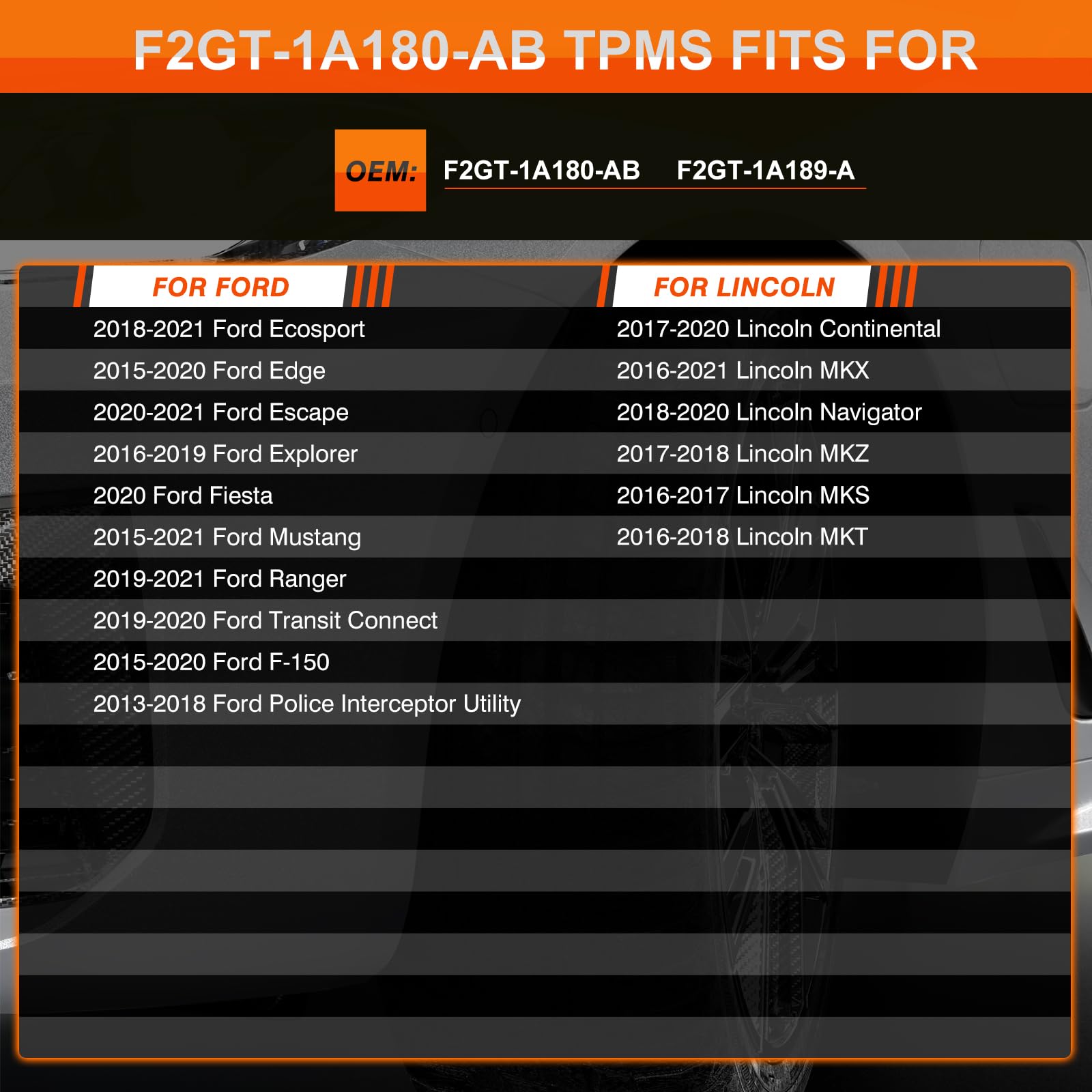 ISINFLASH Sensor TPMS, sensor de presión de neumáticos de 315 MHz, apto para Ford F150 Ecosport, Mustang Escape Explorer Fiesta Ranger para Lincoln MKX MKZ MKS MKT F2GT1A180AB F2GT1A150AB 4 piezas