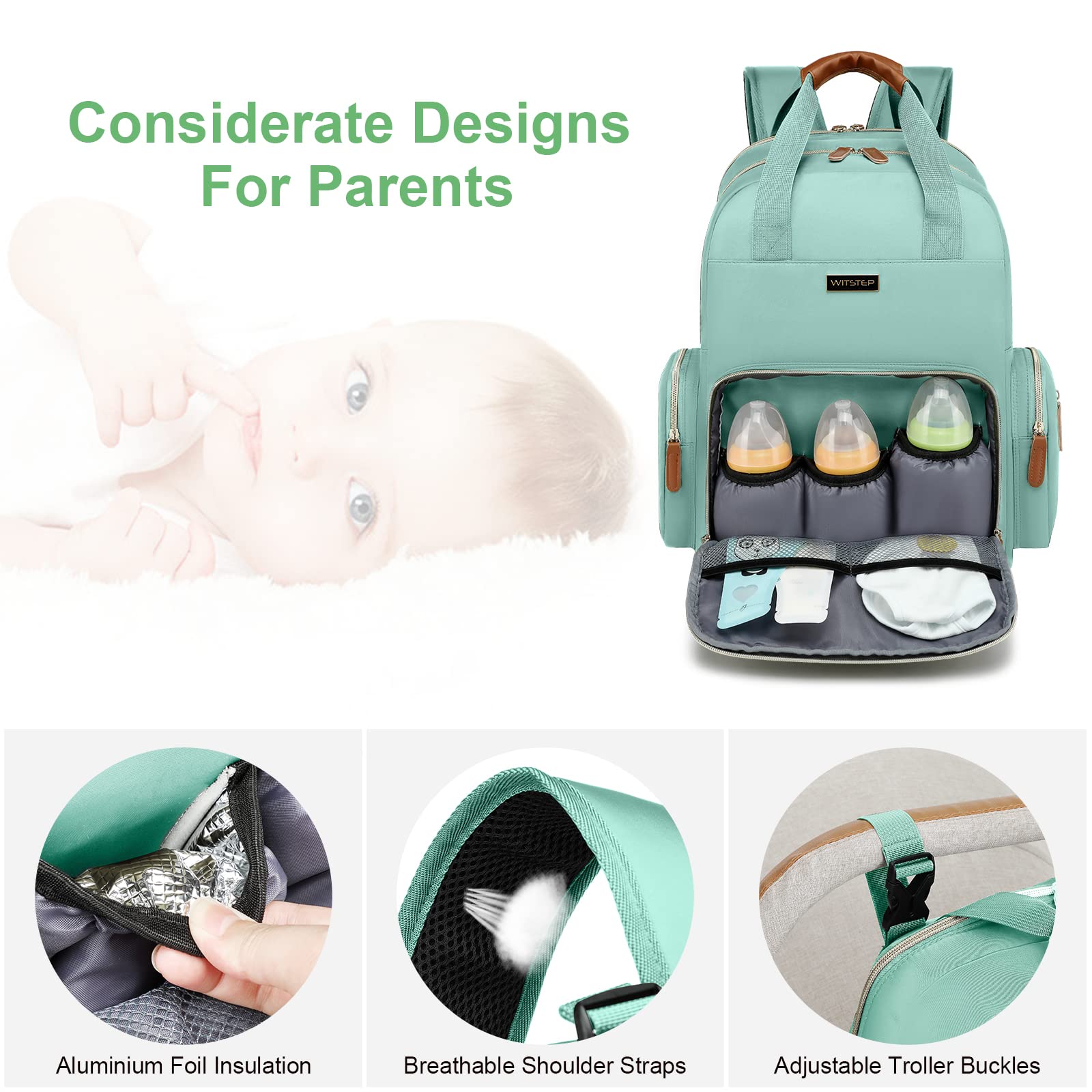 WITSTEP Bolsa de pañales para bebé con cambiador, mochila de viaje multifunción grande para bebé, Verde claro, Mochila para pañales con cambiador