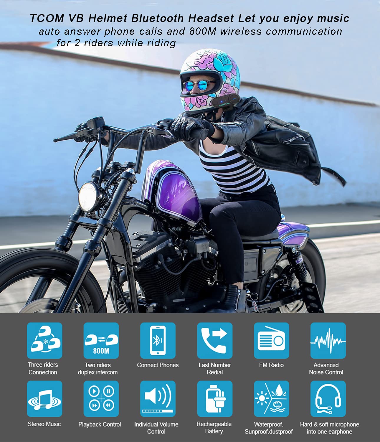 FreedConn - Auriculares Bluetooth para motocicleta, sistema de comunicación de casco TCOM VB de 2 vías, 800 m, intercomunicador Bluetooth para motocicleta, intercomunicador para motos/FM/BT5.0/Siri