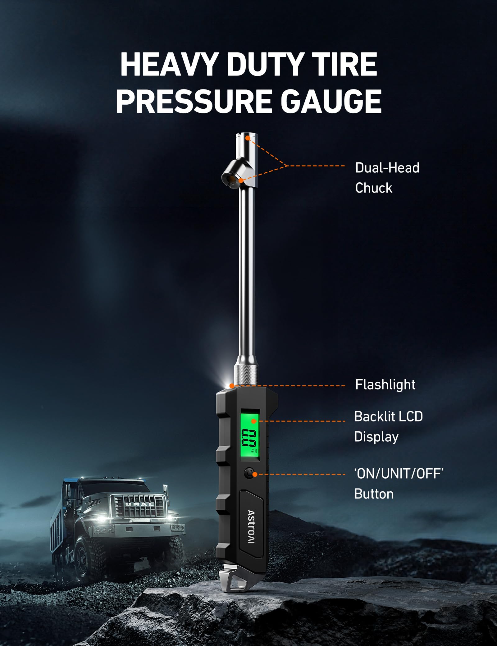 AstroAI Medidor de Presión para Llantas Camiones, Caravanas SUV, Furgonetas, Manómetro Digital de Presión Aire con Doble Rosca, Luz, 230PSI