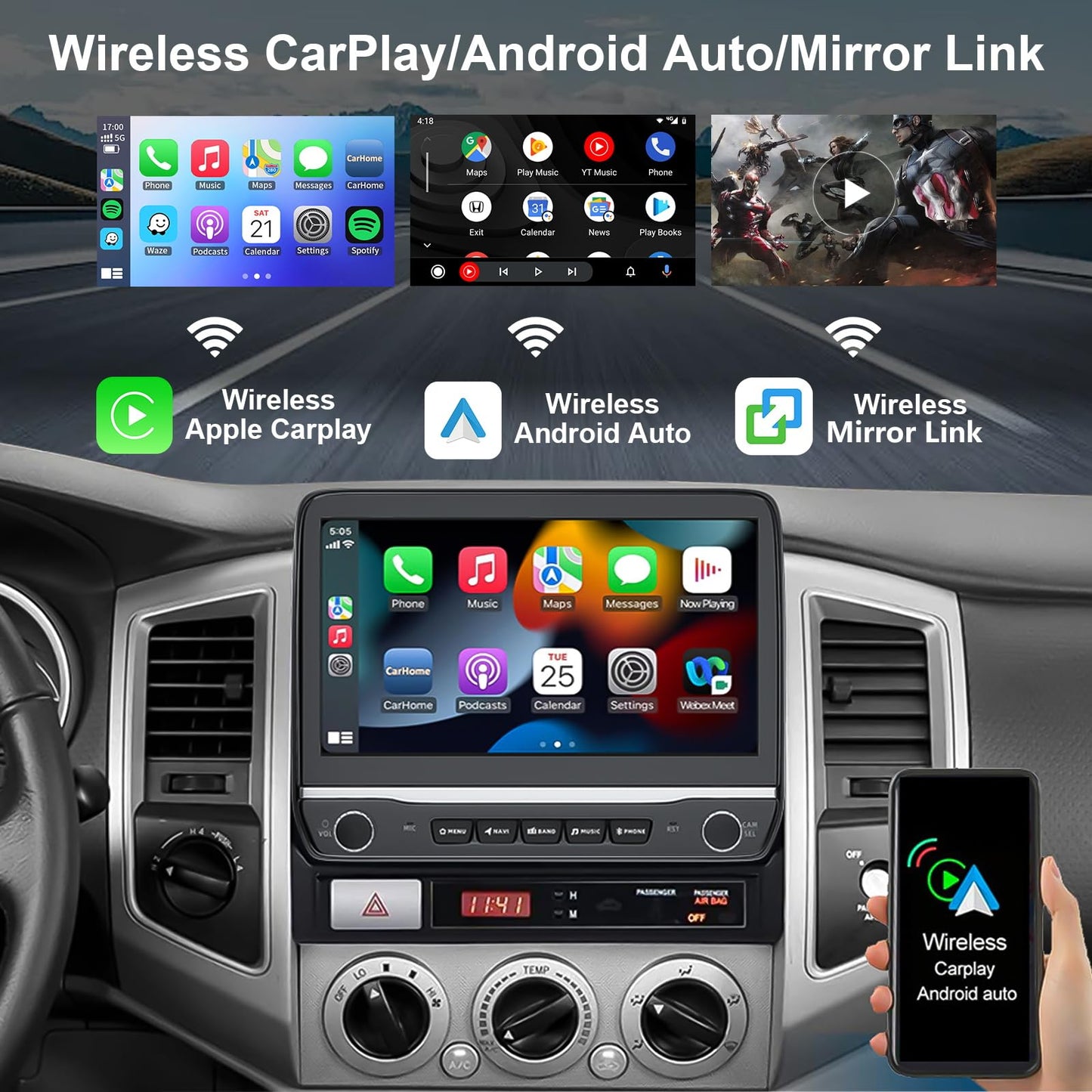 Radio estéreo de coche de 10.1 pulgadas para Toyota Tacoma 2005-2015 con visualización inalámbrica CarPlay/Android Auto/visualización táctil/SWC/GPS Navigation/BT/WiFi FM cámara de respaldo botón