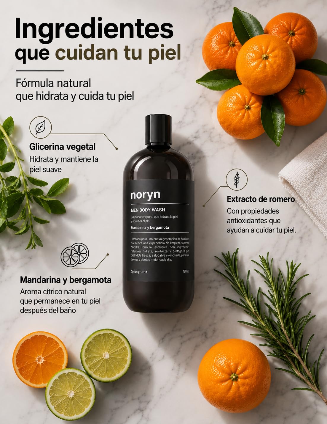 noryn Body Wash para Hombres 480 ml. Fórmula natural con mandarina y bergamota. Limpia, humecta y revitaliza la piel, aportando frescura inmediata.