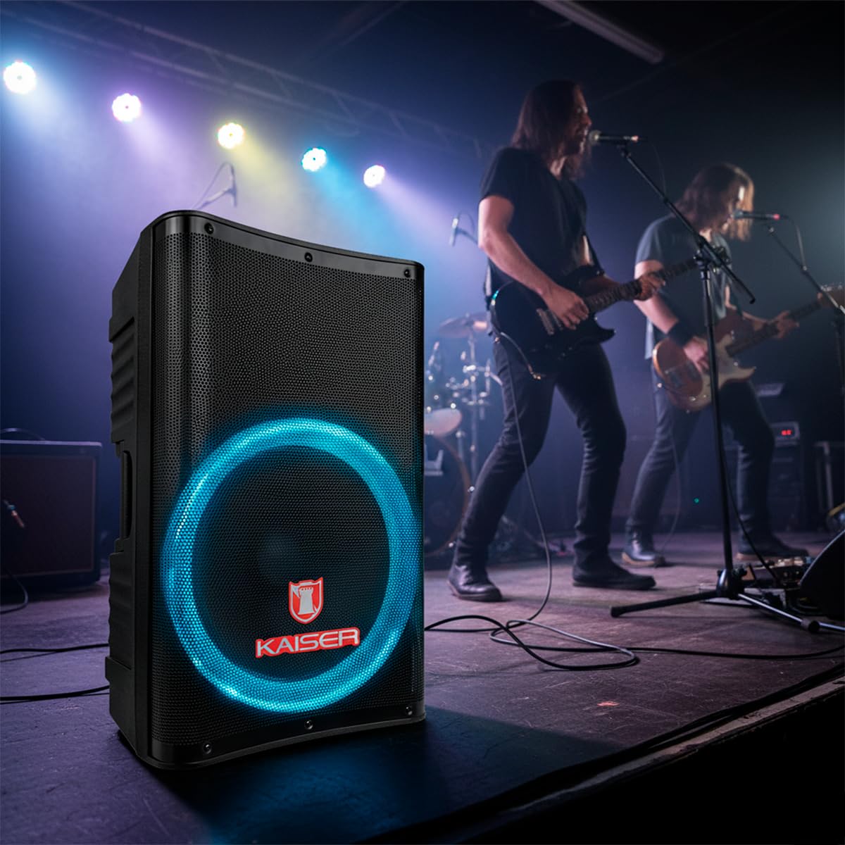 Kaiser Bafle Profesional Altavoz de 15 Pulgadas Circle Light, 20000 W PMPO, 50 W RMS, con Bluetooth, FM, USB, Micro SD, Entrada AUX, Micrófono con Cable, Control Remoto MSA-9716
