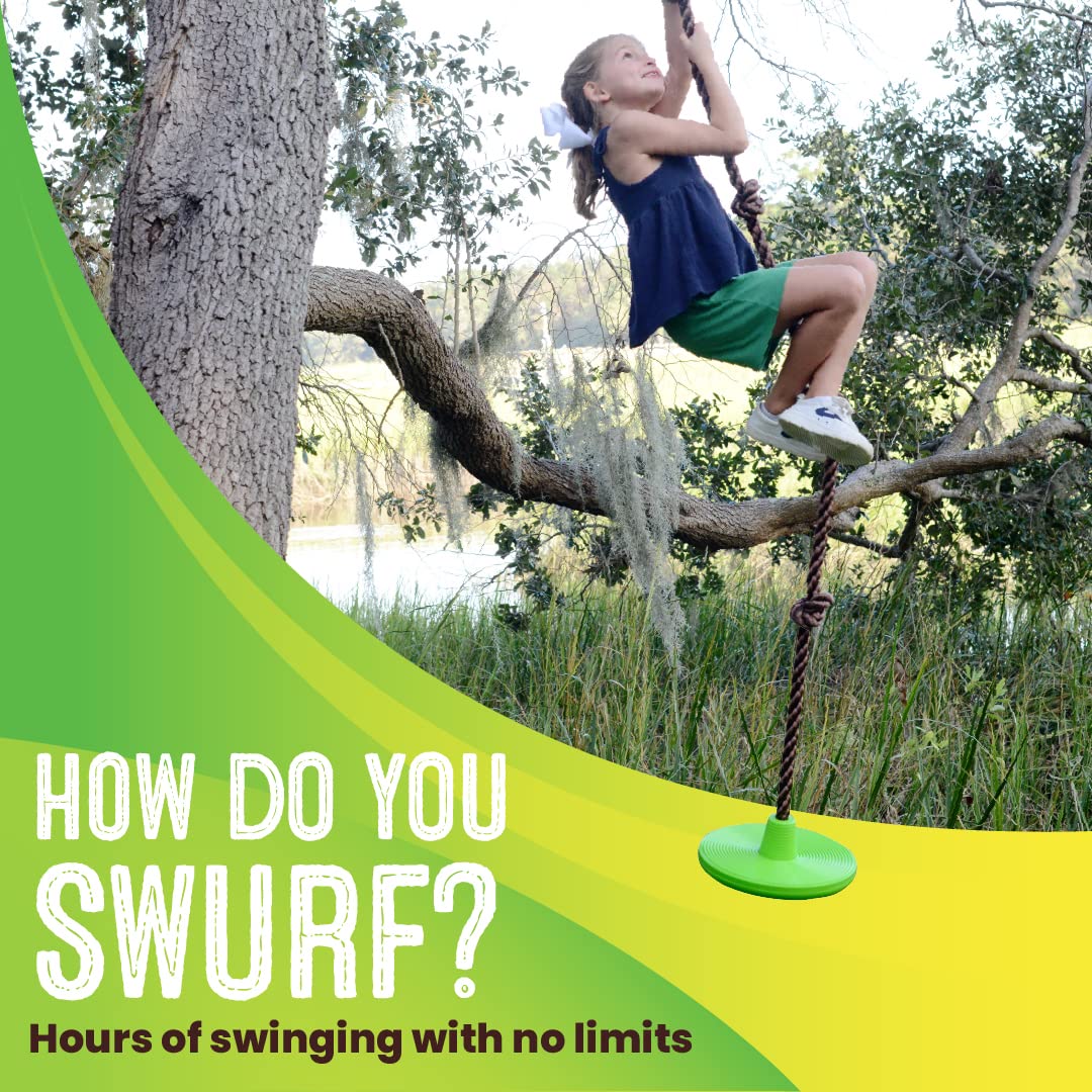 Swurfer Disco - 3-in-1 Multi-Purpose Sit, Stand, & Climb Disc Swing, Heavy Duty Climbing Rope Swing - 6 Foot Rope with Four Adjustable Knots, Holds 200lbs, Ages 6 and Up, Green