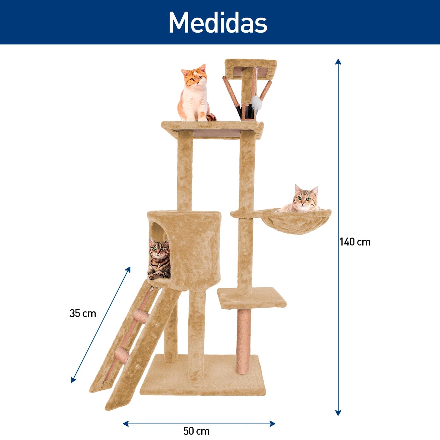 Bluelander Torre para Gatos de 1.3 M de Altura, Arbol para Gatos de Múltiples Niveles, Rascador para Gatos, Escaleras, Repisas, Cueva y Hamaca, Superficies Sólidas y Afelpadas, Cuerda de Yute (Café)