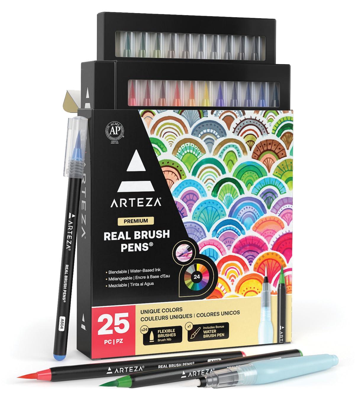 ARTEZA Caja de 24 rotuladores con punta de pincel | Rotuladores acuarelables profesionales para dibujar y colorear | 100% no tóxicos | Múltiples colores | Puntas flexibles
