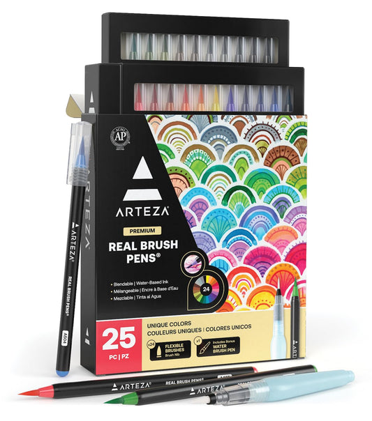 ARTEZA Caja de 24 rotuladores con punta de pincel | Rotuladores acuarelables profesionales para dibujar y colorear | 100% no tóxicos | Múltiples colores | Puntas flexibles
