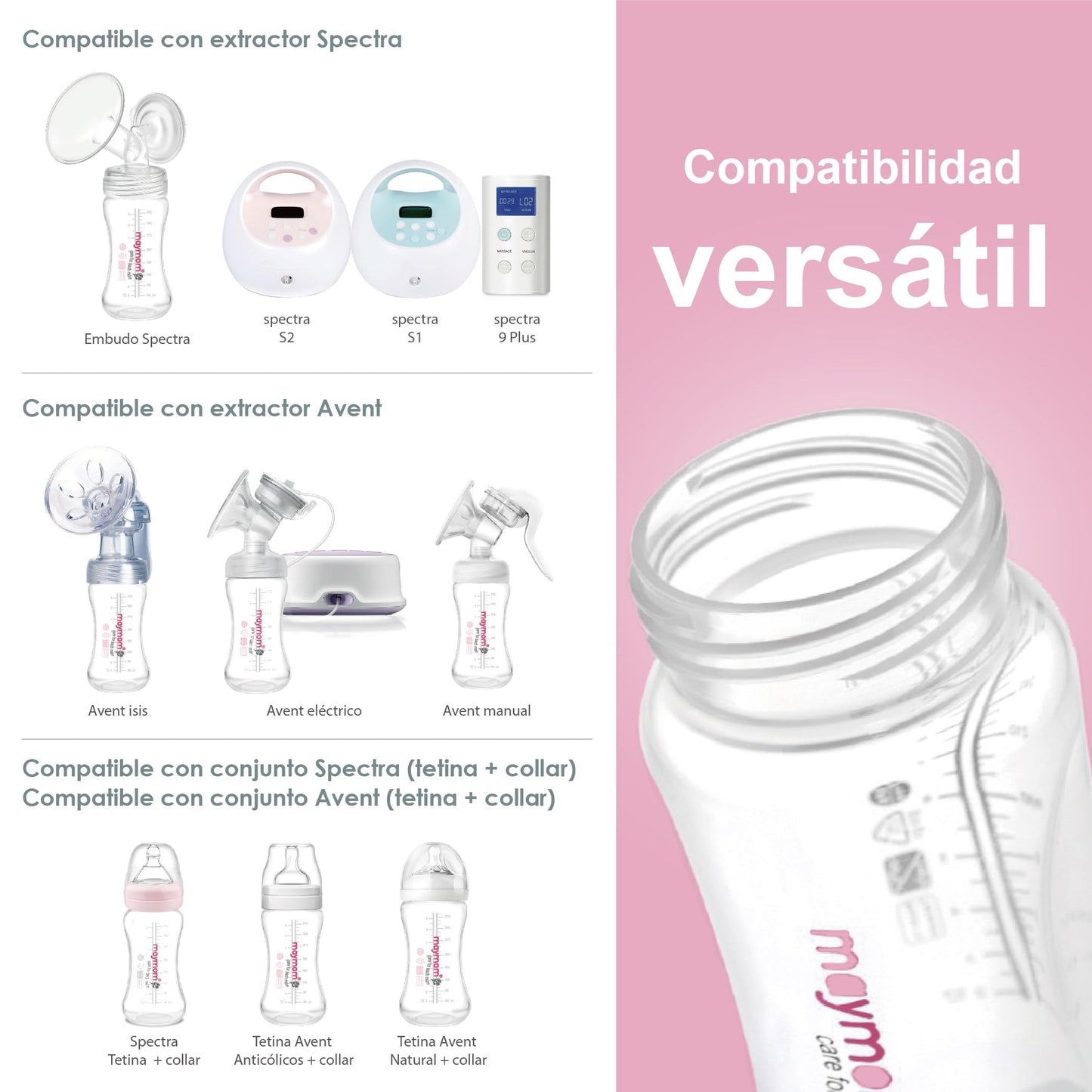 BOTELLAS DE RECOLECCIÓN DE CUELLO ANCHO COMPATIBLES CON EXTRACTORES AVENT, SPECTRA S2, SPECTRA S1, SPECTRA 9PLUS. Incluye 4 botellas de recolección o almacenamiento de leche materna de 9 oz / 280 mL. Para extractores manuales Avent y extractores eléctrico