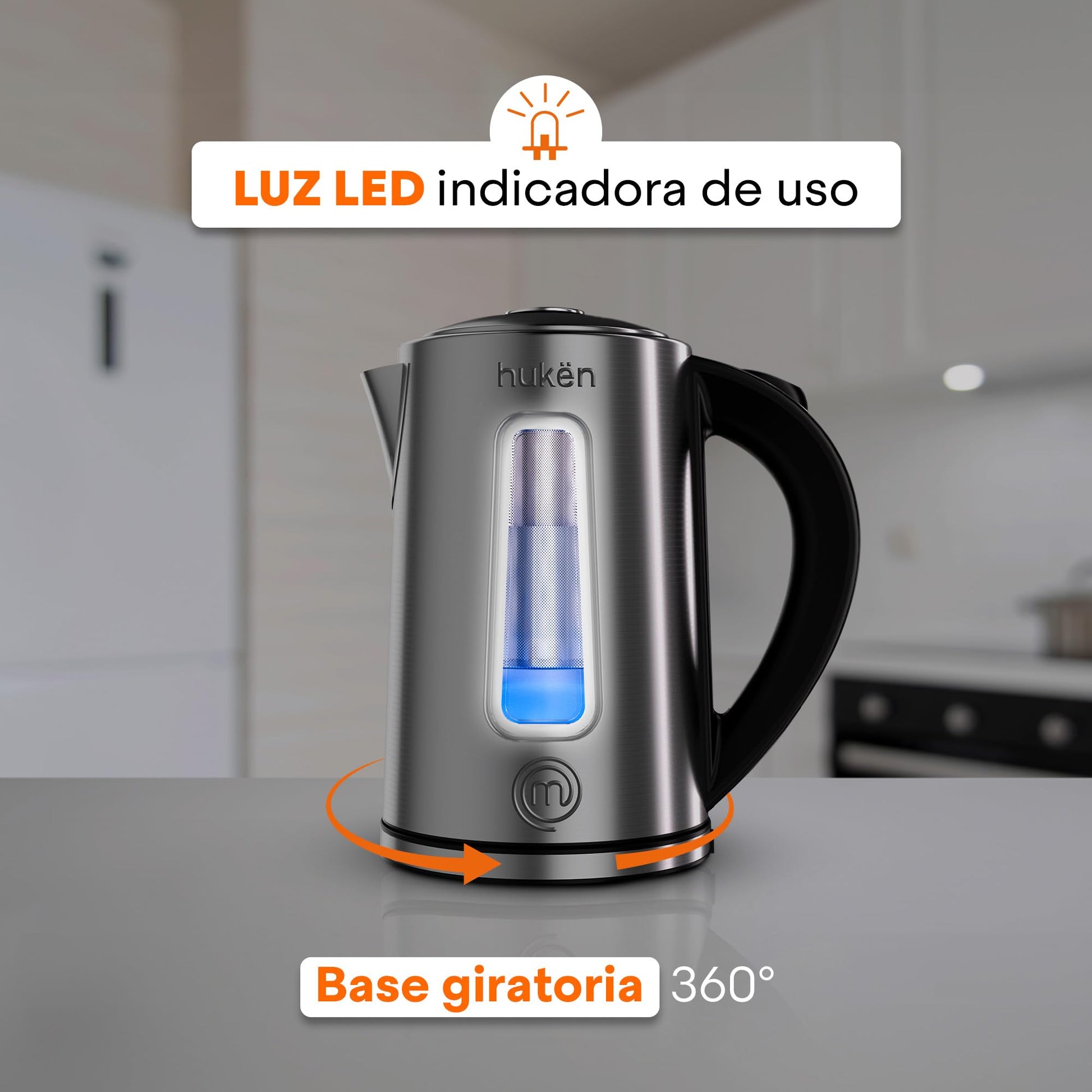 Hukën x MasterChef | Tetera Eléctrica Fuse+ con Infusor Removible | Hervidor de Vidrio/Acero Inoxidable | Base Giratoria 360° | Capacidad de 1.7 L | Calentador de Agua Rápido y Seguro (ON/OFF ACERO)