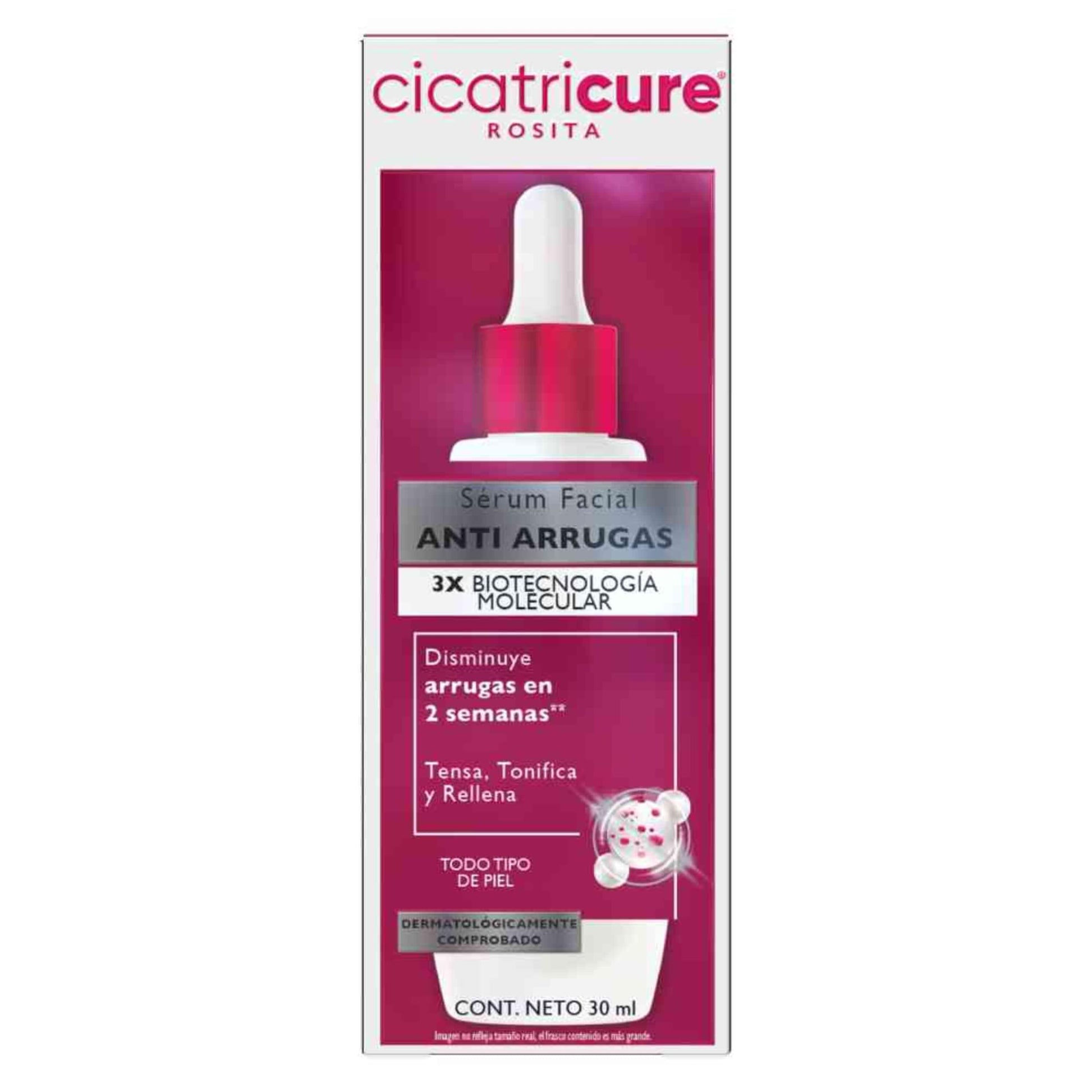 CICATRICURE - Sérum Facial Anti-arrugas. Con biotecnología molecular tensa, tonifica, rellena y disminuye arrugas en 2 semanas. Para todo tipo de piel. Presentación con 30ml