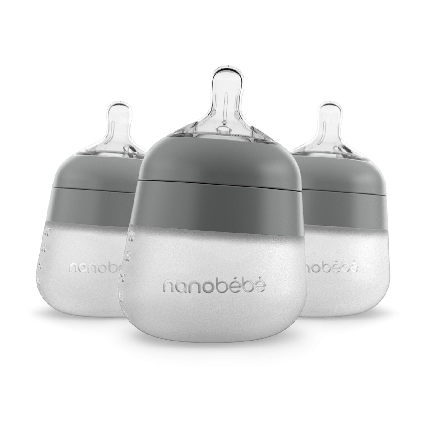 NANOBÉBÉ Biberón De Silicona Nanobebe Flexy, Anticólicos, Tacto Natural, Tetina Antivuelco, Base Estable Antivuelco, Fácil De Limpiar (Paquete De 3), Gris, 147 G