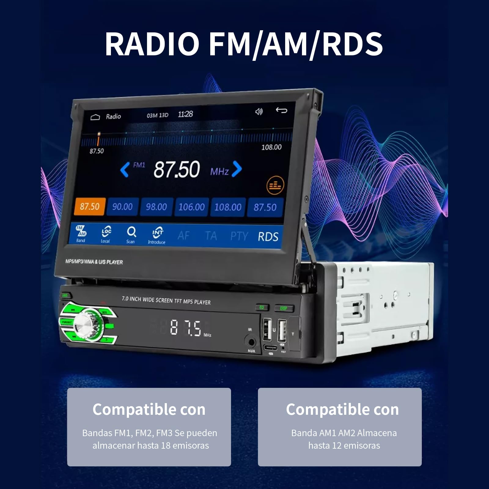 FINYQBET Estéreo para Auto 9610C de 7 Pulgadas con CarPlay y Android Auto, Pantalla Táctil Retráctil, Bluetooth y Cámara de Reversa, Ideal para Conducir Seguro y Entretenimiento en Viajes
