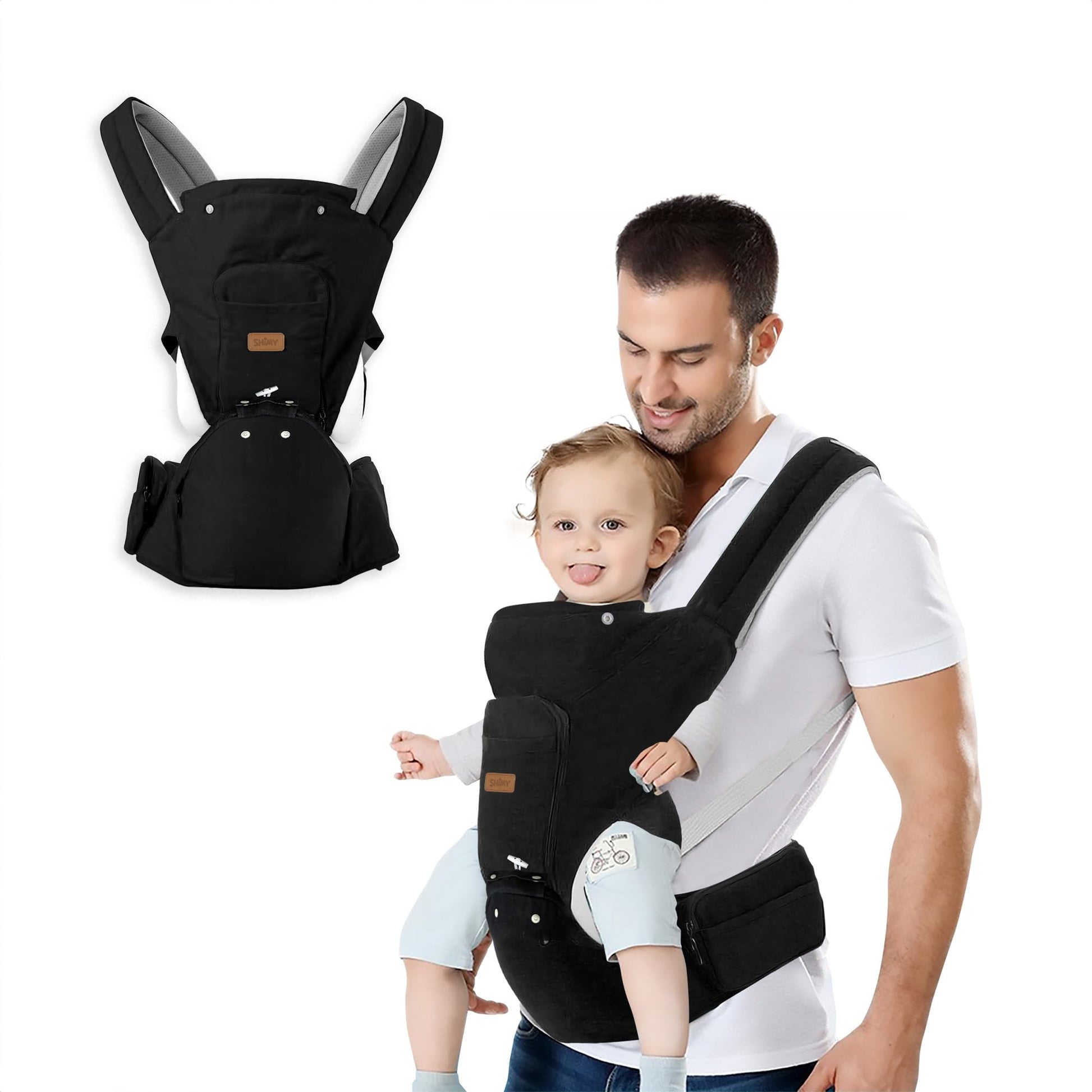 SHIMY Canguro para Bebé, Cangurera Portabebé Tipo Fular para Niños de 0 a 36 Meses, Mochila Ergonómica con Soporte para Cintura, Múltiples Compartimentos con Cierre, Ajustable a Varias Posiciones