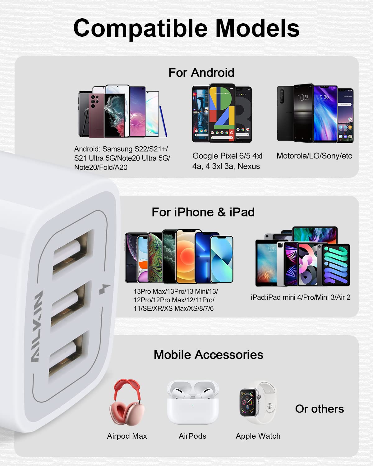 AILKIN - cubeta de cargador USB, enchufe de cargador de pared, adaptador USB 3.1A de 3 puertos USB, base de caja para iPhone 15 14 13 12 Pro Max Mini SE 11 Pro Max/X/8/7, Samsung teléfonos USB Bloque