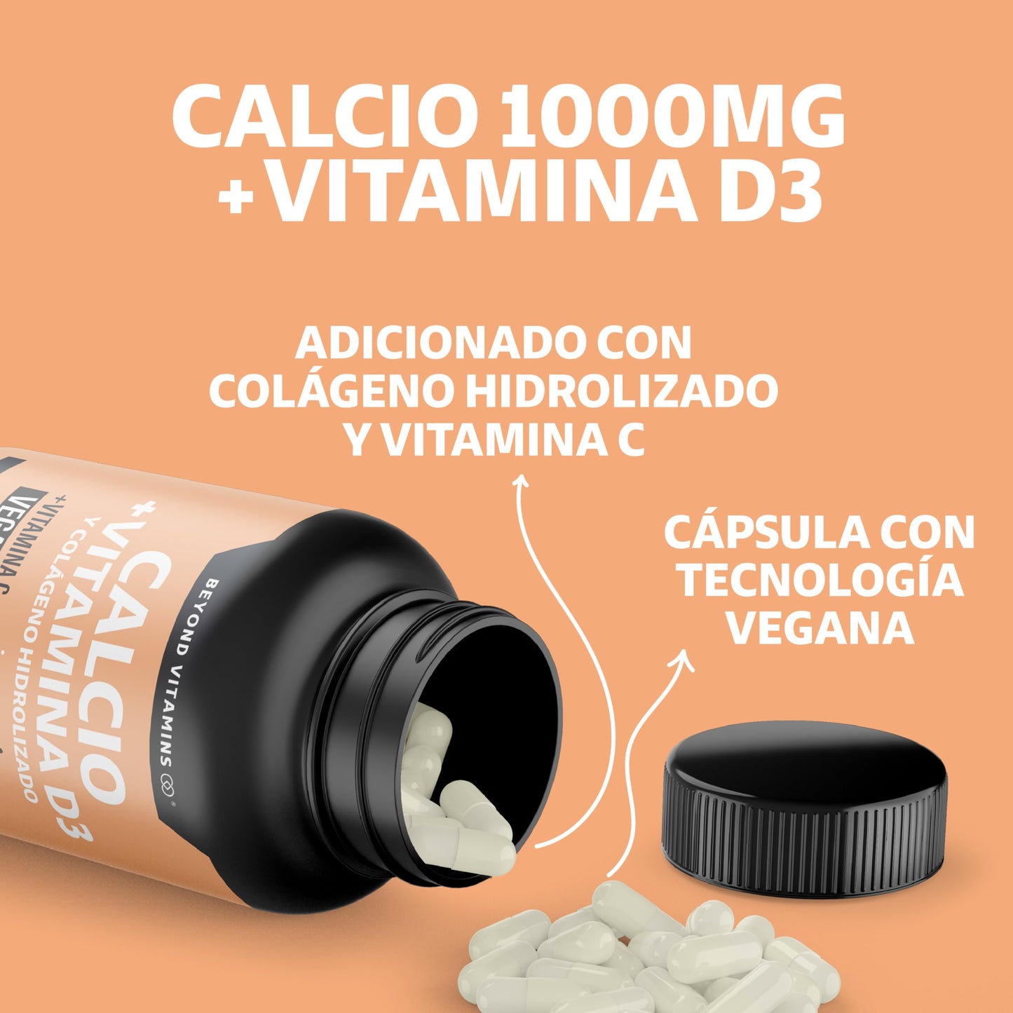 Beyond Vitamins | Calcio 1000 + Vitamina D3 | Potenciado con Colágeno Hidrolizado y Vitamina C | Caltrato 1000mg con Cápsula Vegana para todas las dietas (180 cápsulas)