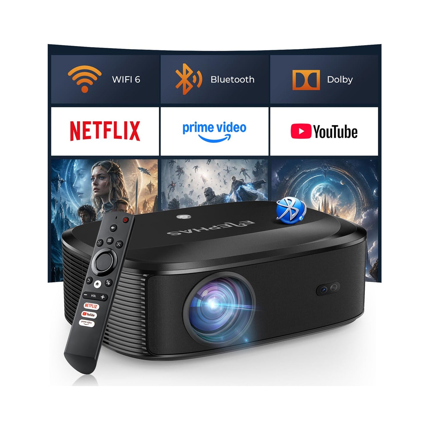 Proyector 4K con Wifi y Bluetooth, ELEPHAS Proyector de películas para exteriores con NETFLIX/Prime Video/YouTube integrado, más de 100.000 aplicaciones compatibles, proyector de video compatible con HDMI/USB/iOS/Android/Windows