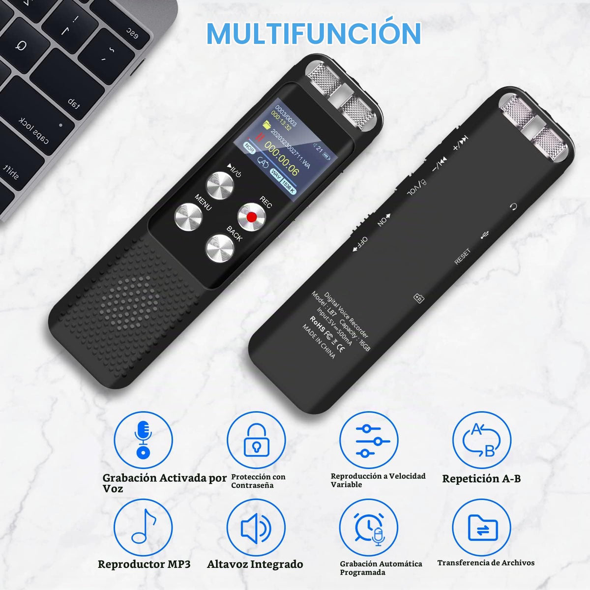 Grabadora de Voz Digital G 136GB con Reproducción y Contraseña para Conferencias y Reuniones