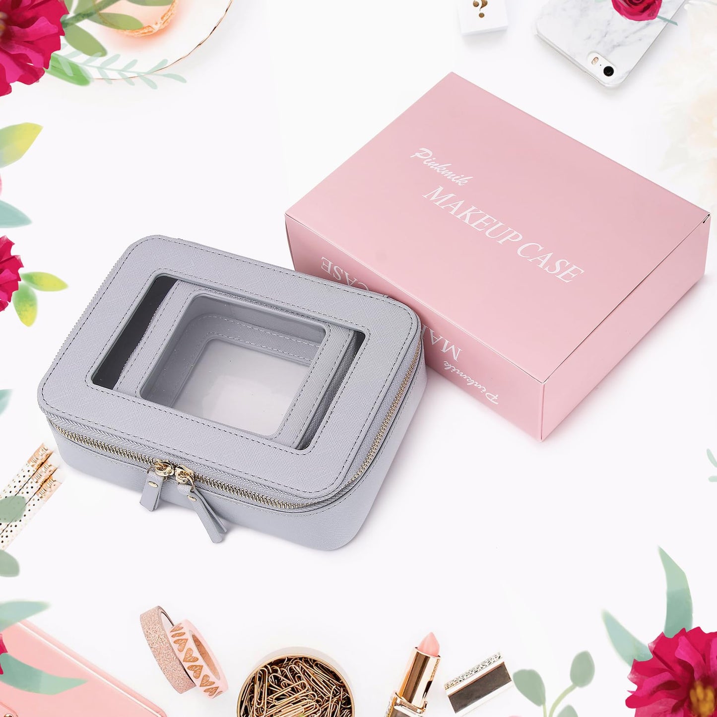 Pinkmik - Bolsa de maquillaje transparente para cosméticos y artículos de cambiador para mujer, bolsa de cepillo para polvo transparente con cierre (F/gris, M+MINI), F/Gray, M+MINI, Bolsa de