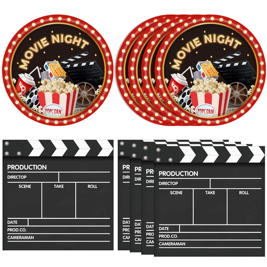DURYGEN - Juego de 40 piezas de artículos de fiesta de cine con temática de cumpleaños, platos y servilletas desechables para decoración de fiesta temática de película