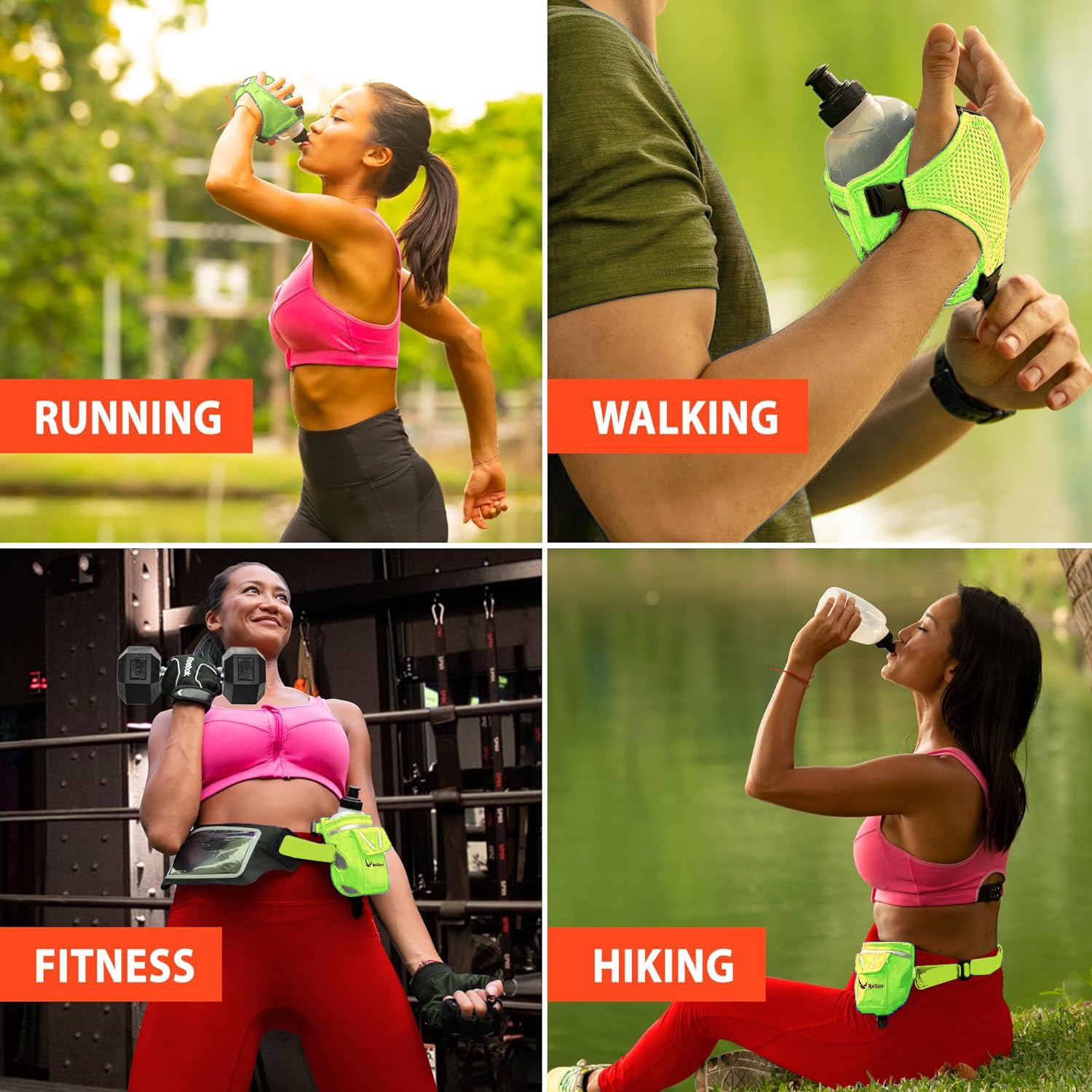 Botella de agua y cinturón 2 en 1 Running Fun Green de mano de 12 onzas, correa a mano o deslizarse en el cinturón, bolsillo impermeable para dinero, llave, identificación, maximiza tu tiempo,