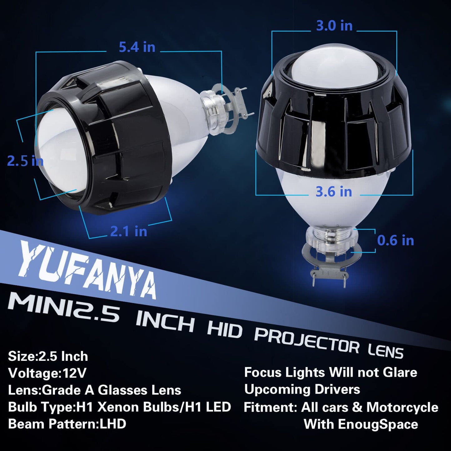 Lente de Proyector Bixenón YUFANYA 2.5 Pulgadas Negro con Haz Alto y Bajo para Coche