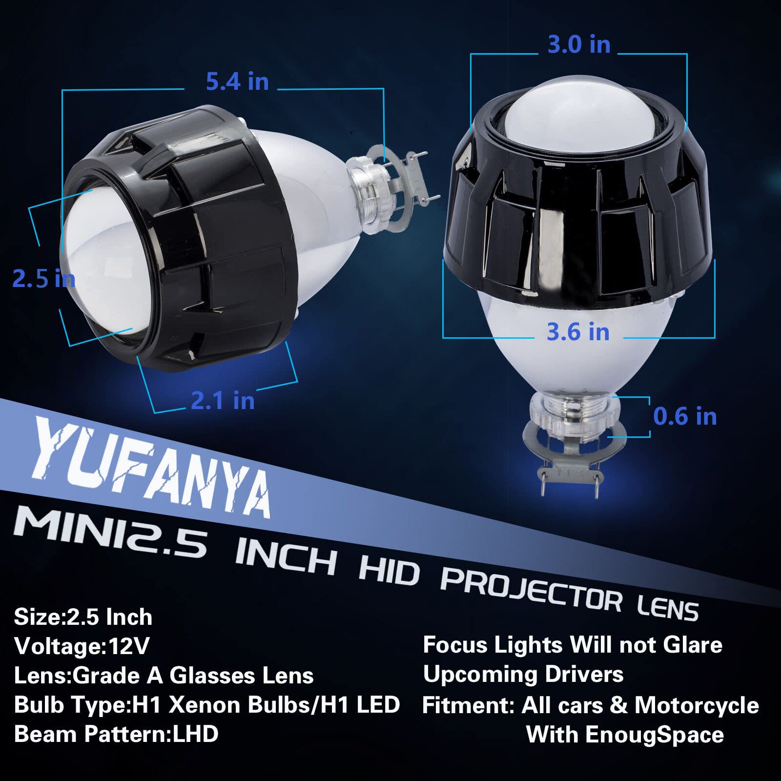 Lente de Proyector Bixenón YUFANYA 2.5 Pulgadas Negro con Haz Alto y Bajo para Coche