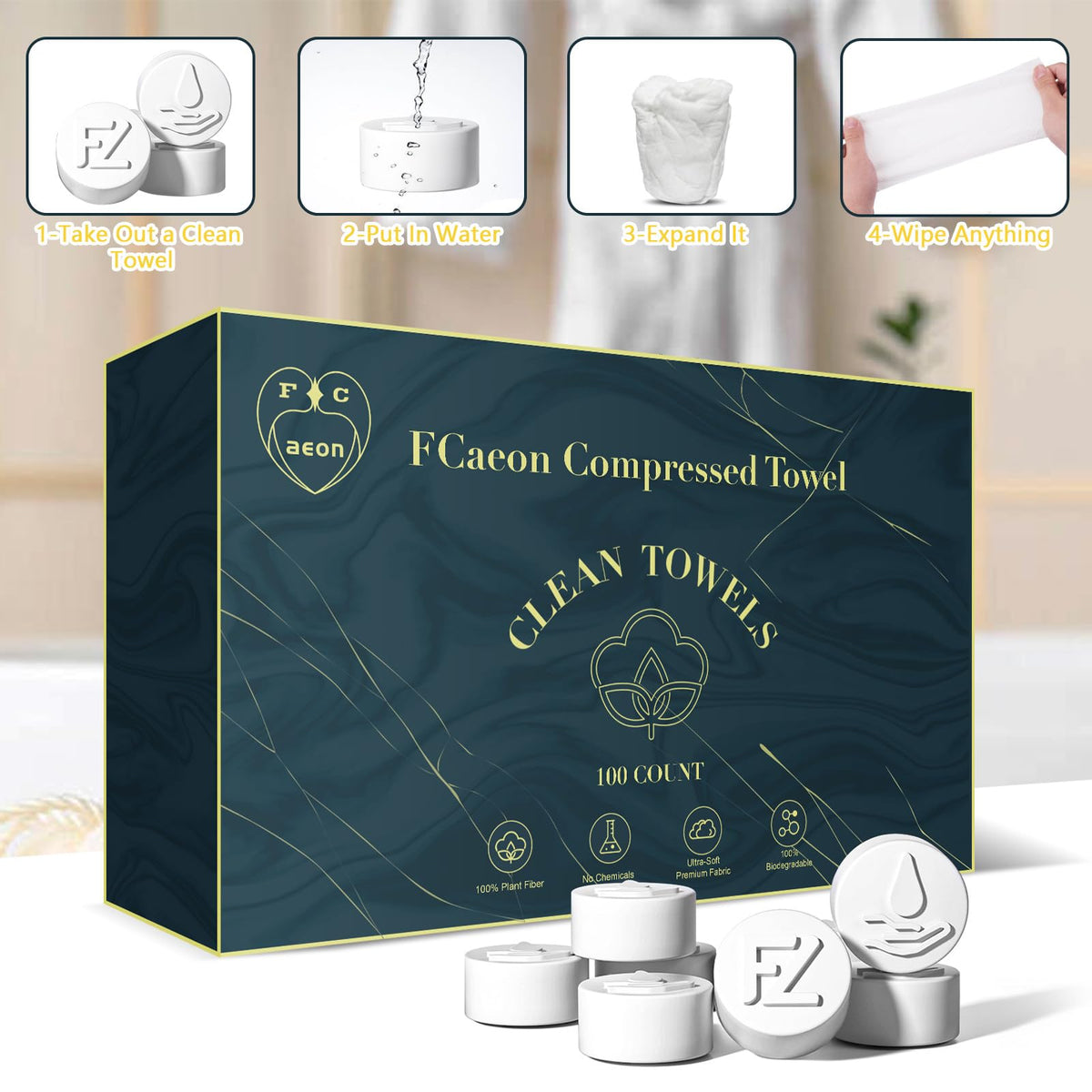 FCaeon Toallitas Faciales Desechables Comprimidas Ultra Suaves,Compressed Towel Guantes de Tocador Gruesos, Toallitas de Algodón para Desmaquillaje de Viaje, Piel Sensible, Cuidado(100 Unidad Azul)