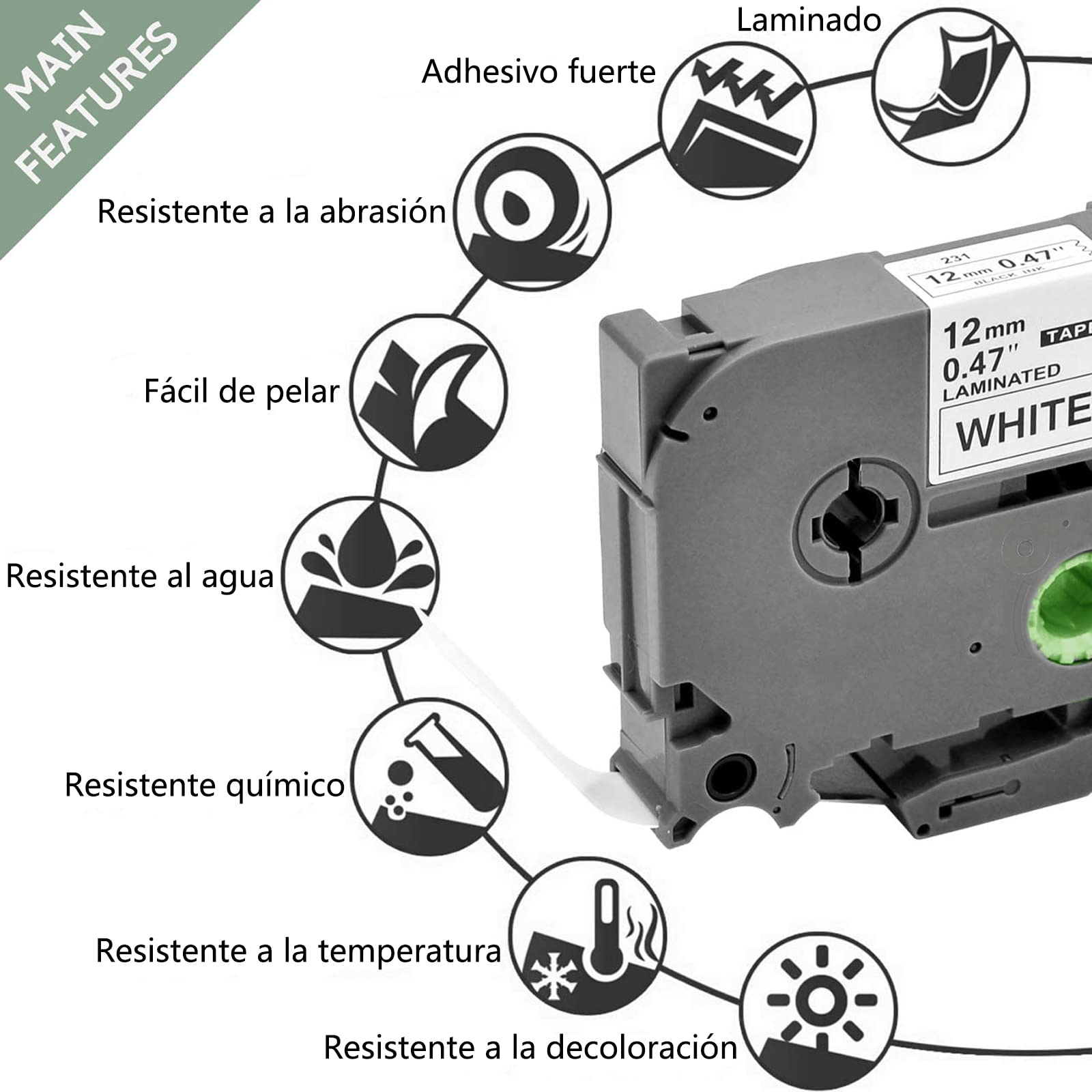 Cinta de Etiquetas para Brother P Touch Label Tape TZe-231 TZ-231 Cinta Laminada Estándar para PT-D200 PT-D210 PT-H110 PT-D600 Label Makers - 0.47" x 26.2"(12 mm x 8 m), Negro sobre Blanco, 4pk