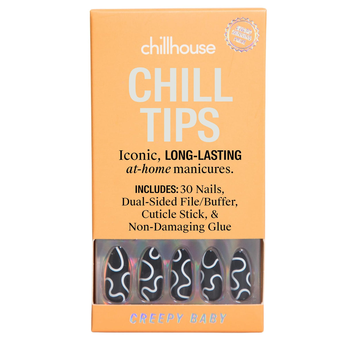 Chillhouse- Kit de Uñas Postizas Chill Tips Signatures, Creepy Baby, 24 Formas y Tamaños de Uñas, Pulidor de Doble Cara