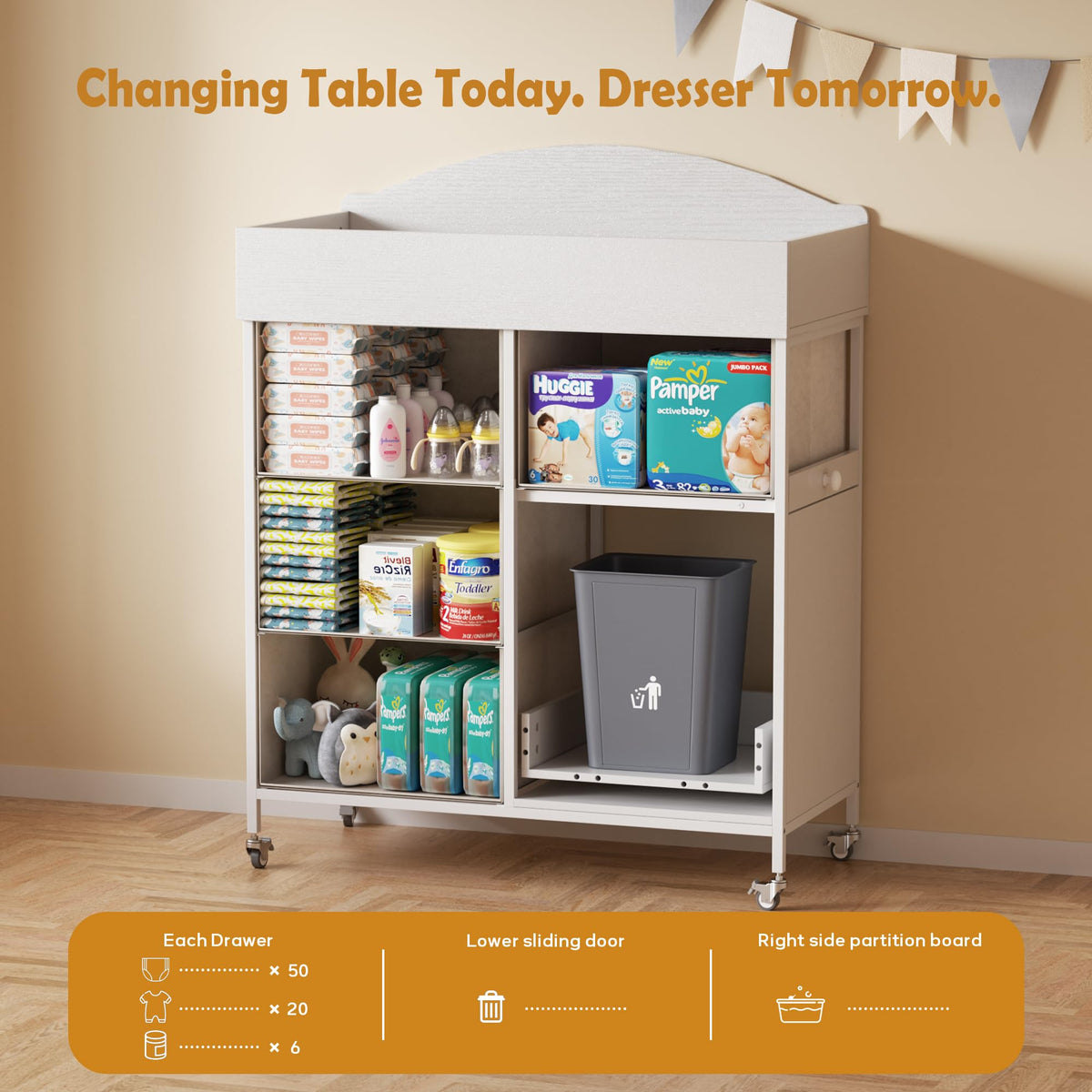 DTK - Cómoda para bebé con superficie cambiadora, cómoda cambiadora de 4 cajones con gabinete de basura inclinable y estante extraíble, estación cambiadora de pañales con almohadilla impermeable y
