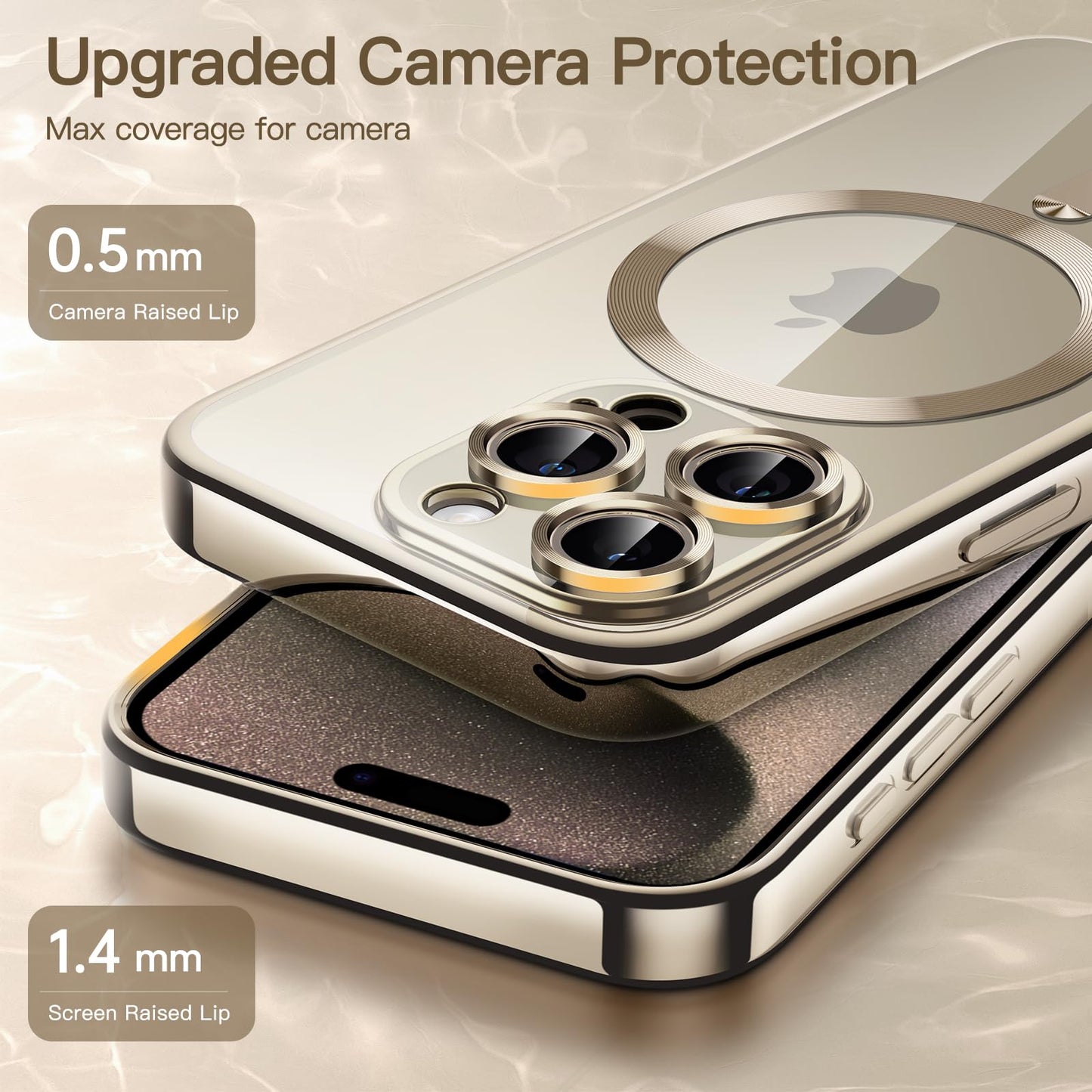 JETech Funda Suave Claro para iPhone 15 Pro MAX 6.7 Pulgadas, Lente Cámara Protección Completa, Compatible con MagSafe Carga Inalámbrica, Carcasa TPU Galvanizada Antigolpes (Oro)