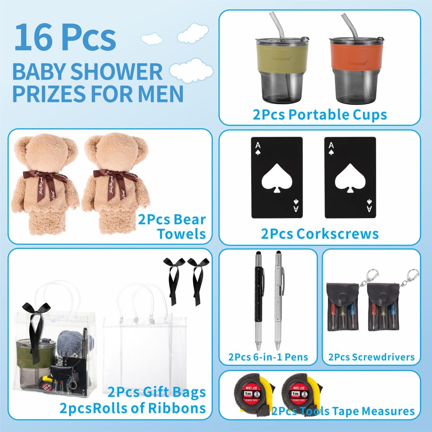 Buecobby - Juego de 2 premios para baby shower para hombres, con paño de limpieza de vasos de vidrio, mini destornillador, juego de llaveros, multiherramientas, premios divertidos y útiles para