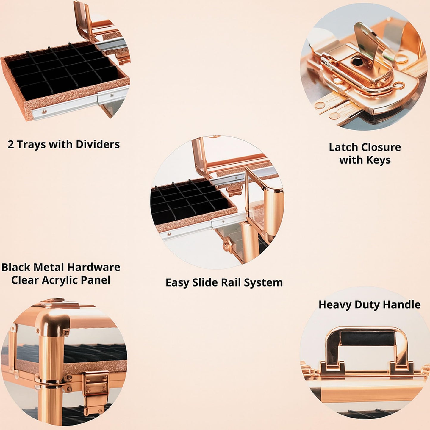 Ver Beauty Rose gold acrylic armored easy slide tray professional cosmetic makeup nail case with foundation holder - vp014, Rose Gold Acrylic