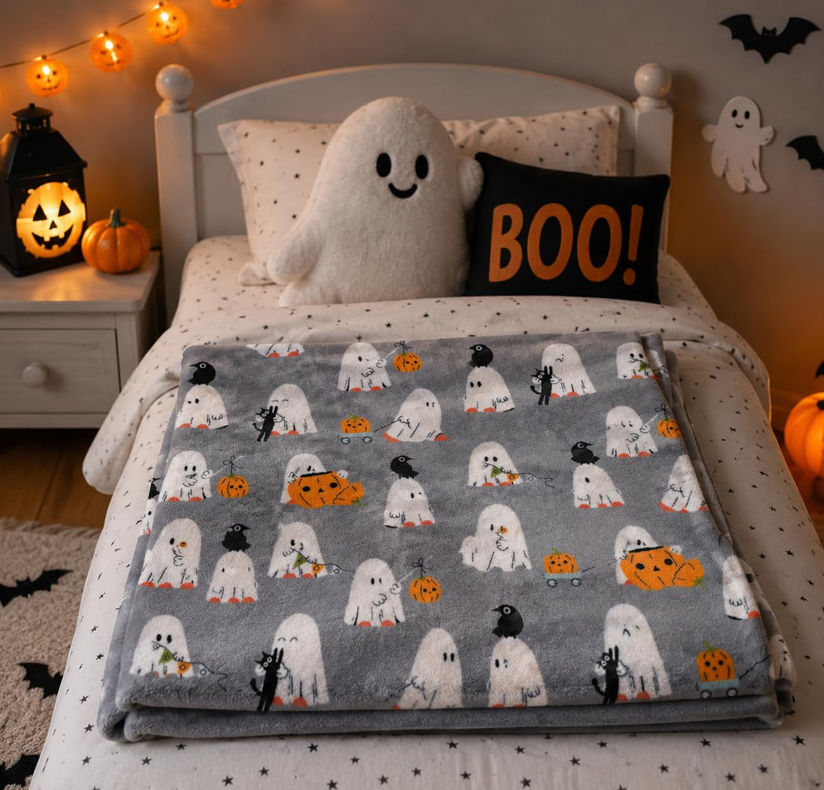 Manta de forro polar de fantasma de Halloween: fiesta de fantasmas de bebé sobre fondo gris, manta de terciopelo de felpa suave para sofá, cama, recámara, 127 x 177 cm
