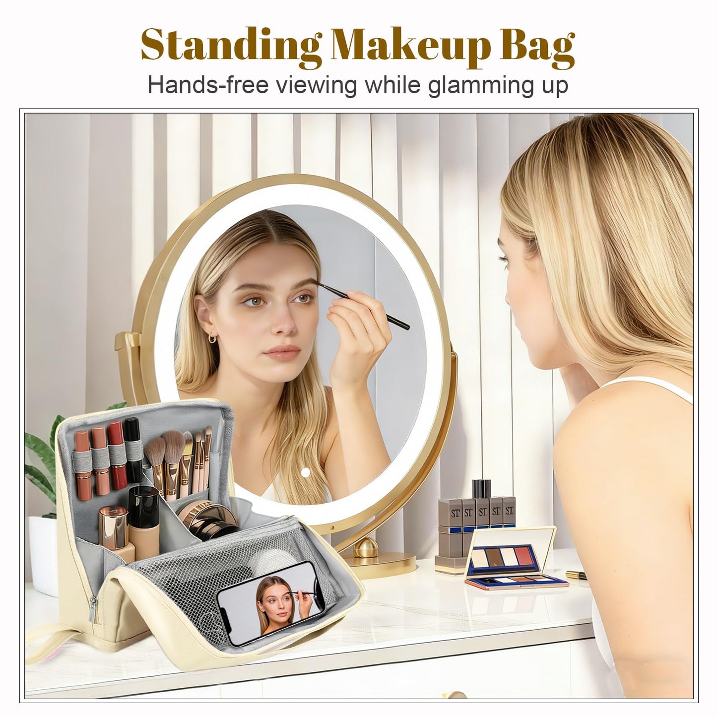 Seektik - Bolsa de maquillaje de pie con múltiples compartimentos, bolsa de maquillaje portátil impermeable plegable de viaje bolsa de maquillaje de pie con almacenamiento de cepillo para polvo para