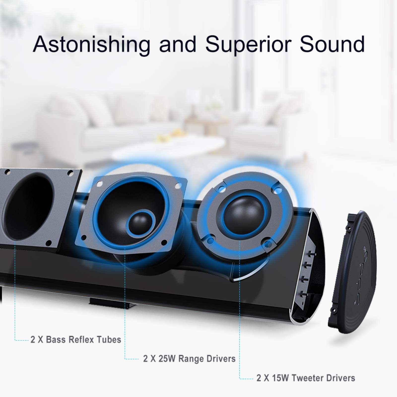 BESTISAN Barra de Sonido de 80 W, 34 Pulgadas, Barra de Sonido Bluetooth 5.0 inalámbrico y con Cable para Cine en casa (DSP, bajo Ajustable, Cable óptico Incluido)