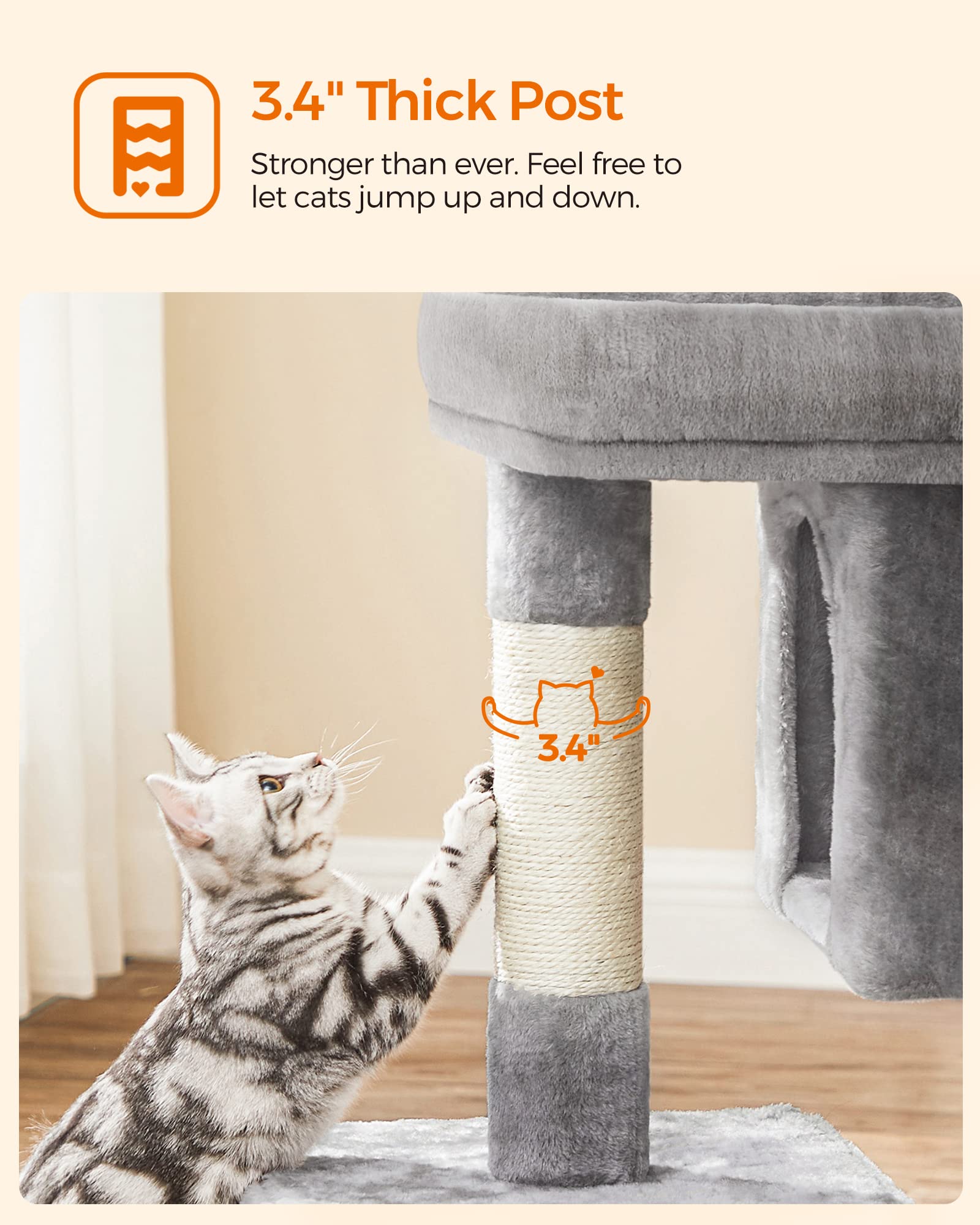 SONGMICS Cat Tree with Sisal-Covered Scratching Posts and 2 Plush Condos Cat Furniture for Kittens Light Gray UPCT61W