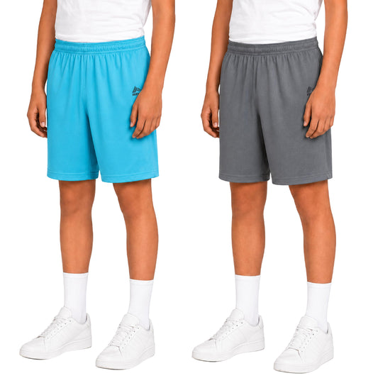 RBX Pantalones cortos deportivos para niños - Paquete de 2 pantalones cortos transpirables de poliéster polar para baloncesto con bolsillos, ropa deportiva para niños y jóvenes, talla 10-12, color Cas