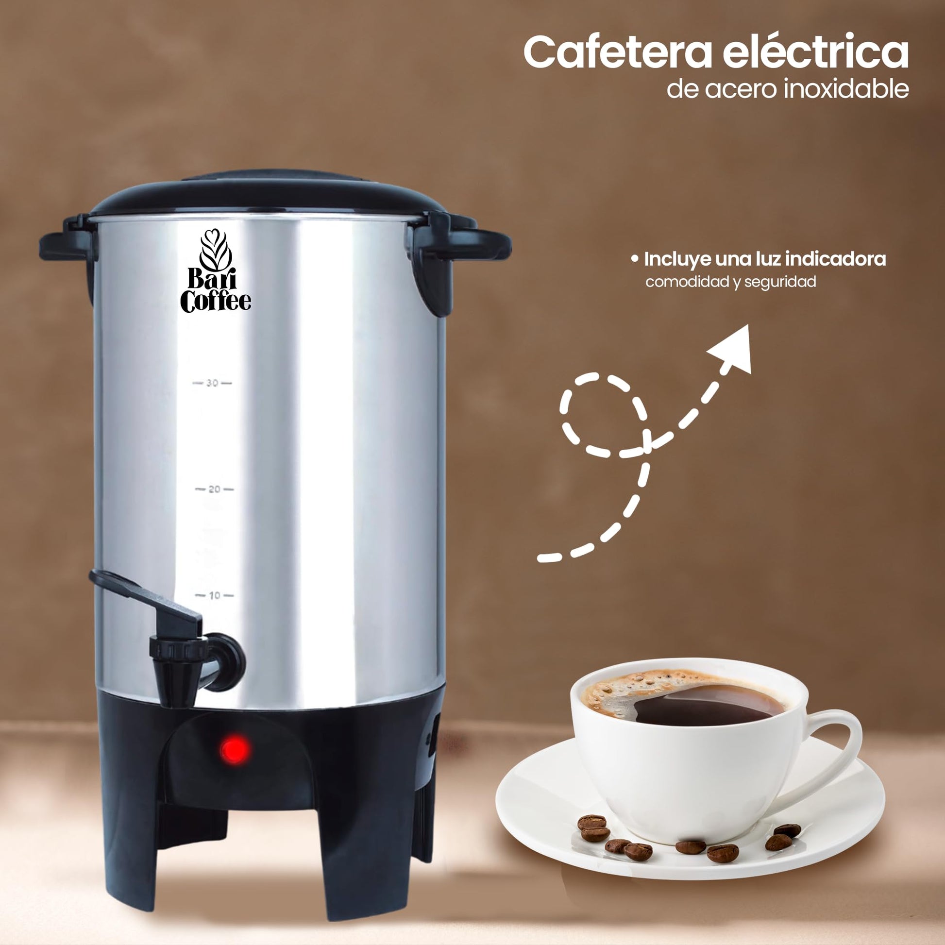 Baricoffee Cafetera 6 Litros, 40 Tazas, Cafetera Electrica, Tapa con Asas, Acero Inoxidable, Cafeteras Automaticas, Dispensador de Bebidas, Filtro Permanente Lavable, Dispensador de Bebidas Calientes
