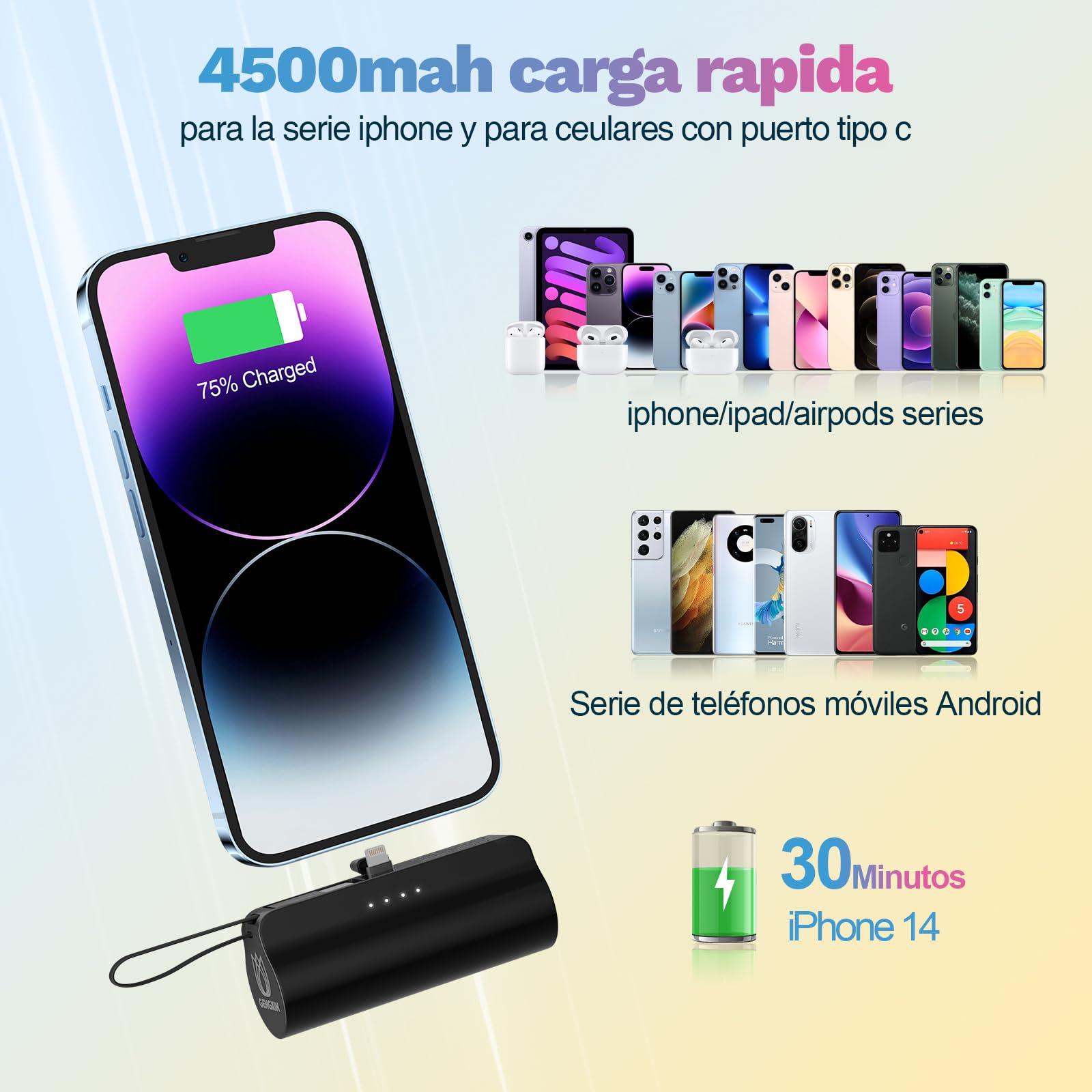 GENGXIN 4500mAh Mini Power Bank Portátil para iPhone con Cable Integrado, Batería Portátil Salida Tipo C y Soporte de Teléfono, Compatible con iPhone, Samsung, Xiaomi, Teléfonos Android etc (Negro)