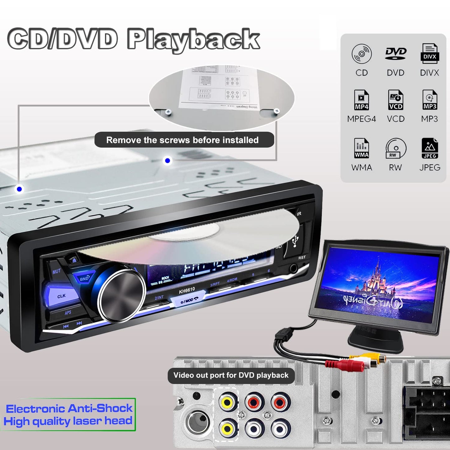 Alondy 1 DIN Auto Radio Autoestéreo Estéreo con Reproductor CD/DVD Bluetooth USB Am/FM Radio RDS