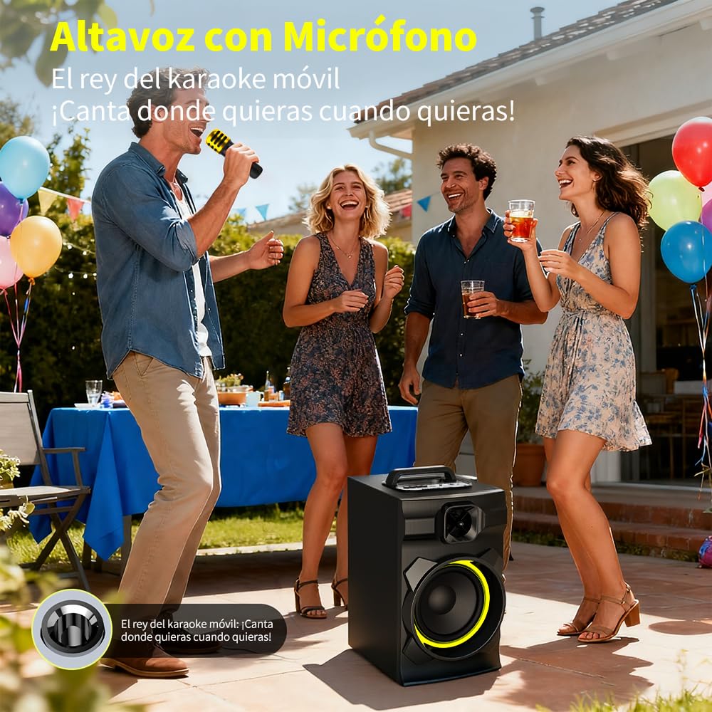 AIRAMP Bocina Portatil Bluethooth de 20W con Subwoofer Activo Karaoke Bocina y Micrófono Inalámbrico,Bocina Bluetooth Grande Caja de Madera, Sonido Estéreo, Batería Recargable, TWS, USB/TF/AUX/FM