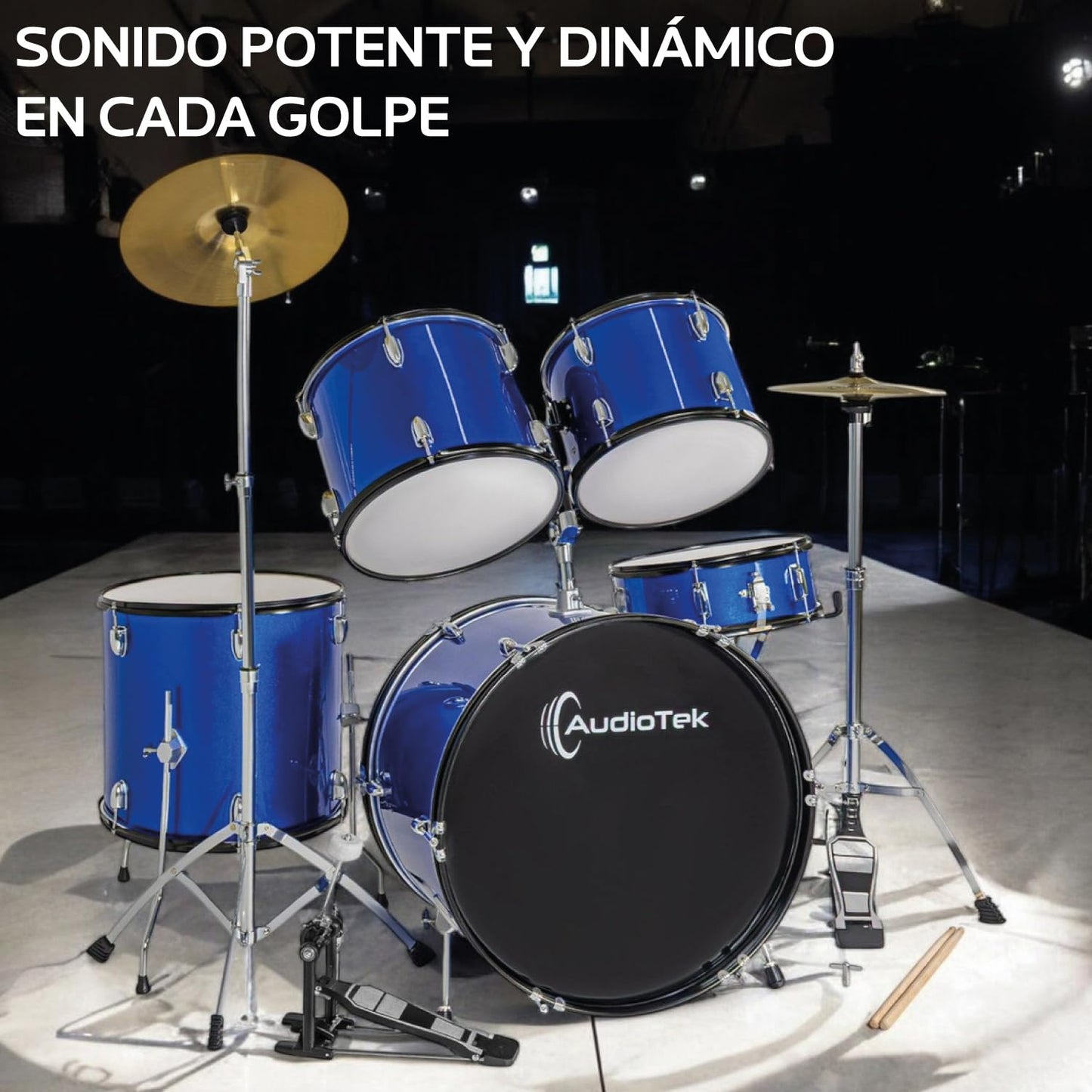 AUDIOTEK Bateria Acustica 5 Piezas Completo Platillos Atriles Bombo 23 Pulgadas Toms Redoblante Tambor de Piso Baquetas Incluidas Kit Musical Semi Profesional para Principiantes y Adultos (Azul)